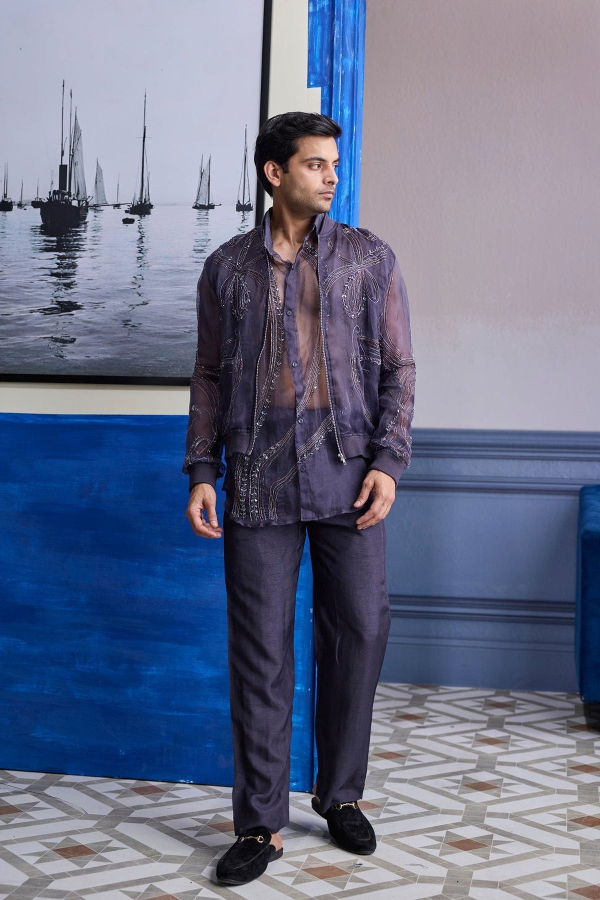 Charcol Grey Organza Shirt With Embroidered Organza Bomber Jacket Paired With Solid Pants