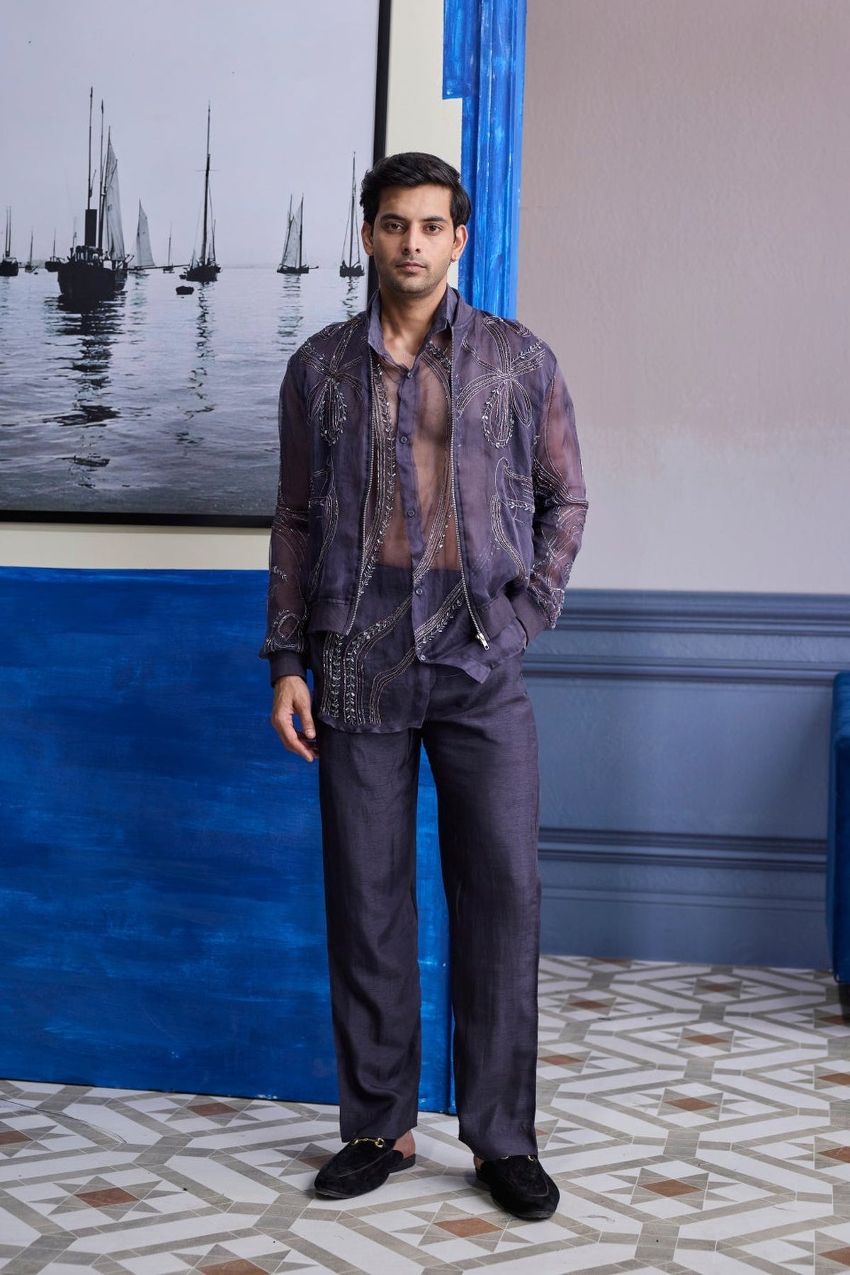 Charcol Grey Organza Shirt With Embroidered Organza Bomber Jacket Paired With Solid Pants