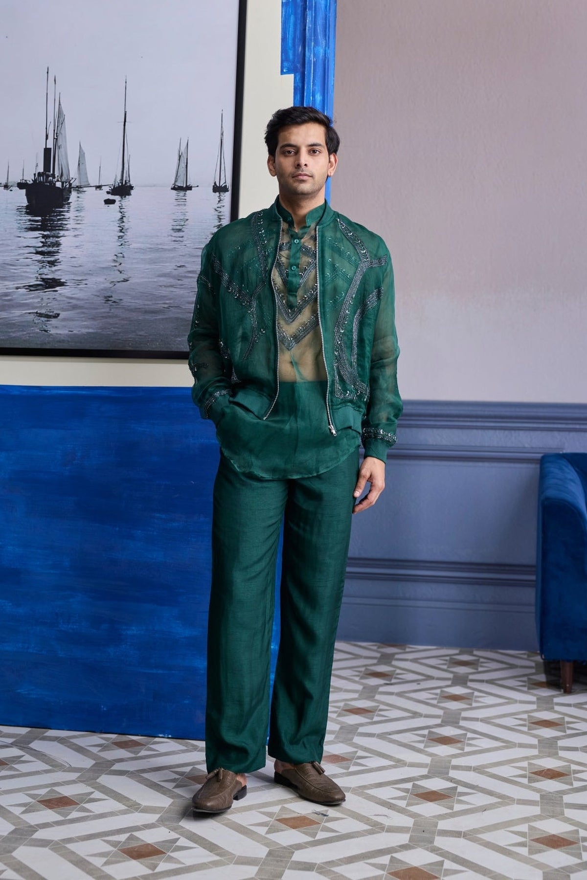 Drak Green Organza Kurta With Embroidered Organza Bomber Jacket Paired With Solid Pants