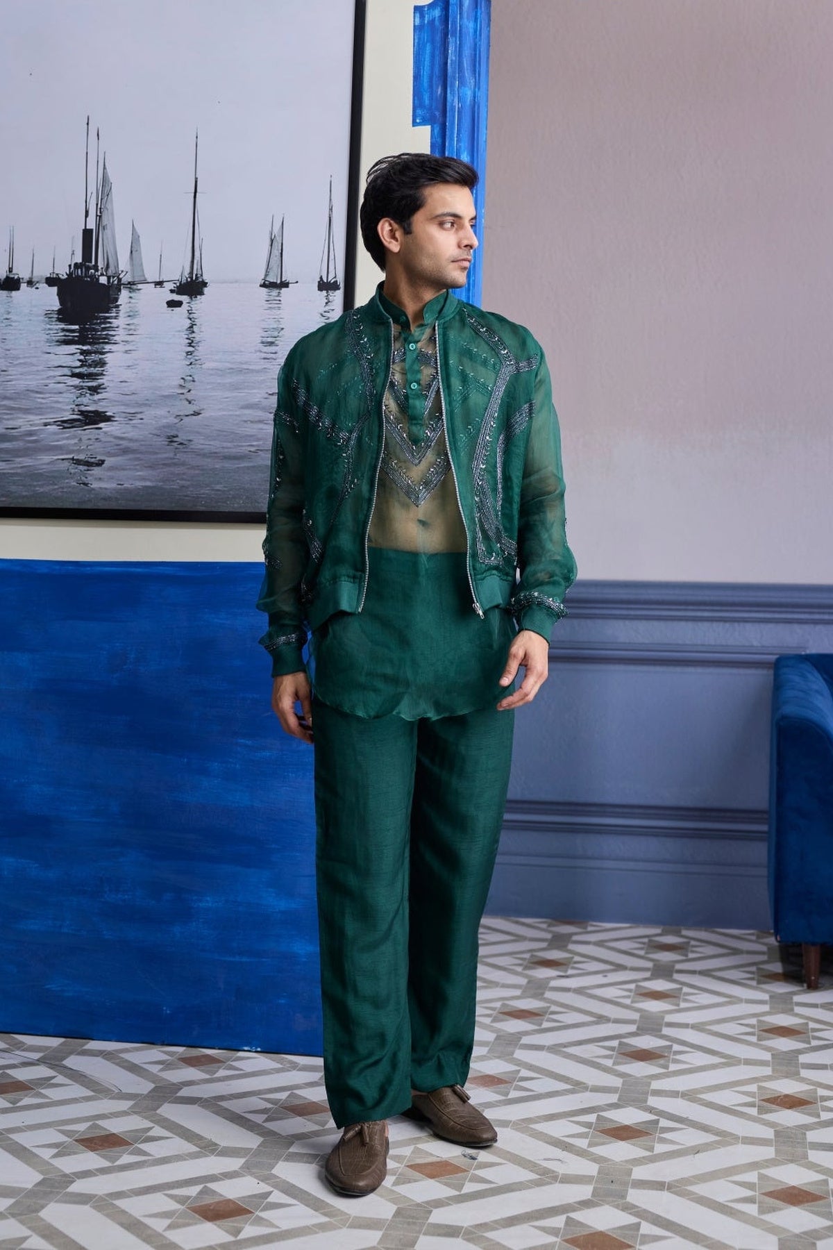Drak Green Organza Kurta With Embroidered Organza Bomber Jacket Paired With Solid Pants