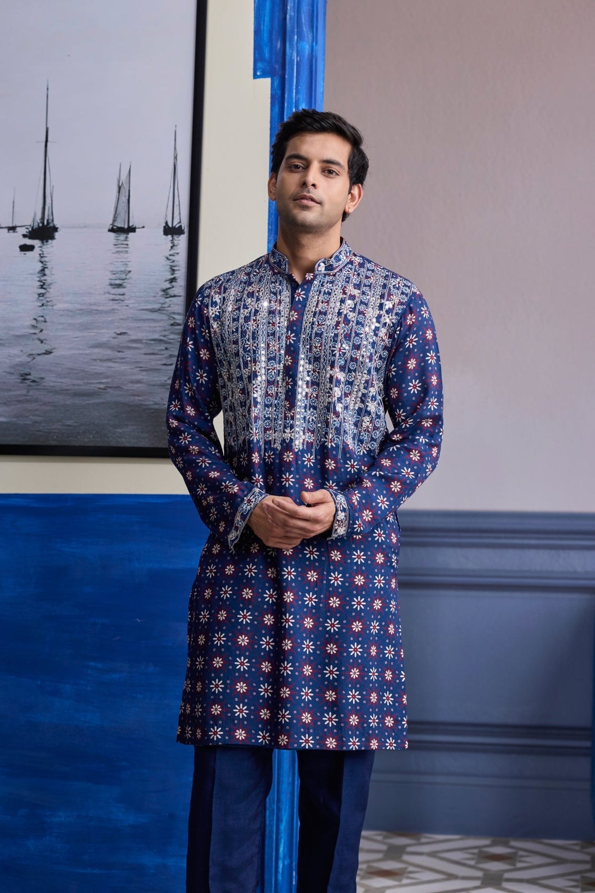 Dark Blue Print Hilighted Kurta With Solid Pants