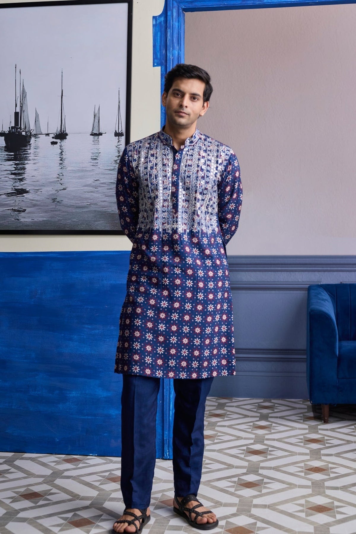 Dark Blue Print Hilighted Kurta With Solid Pants