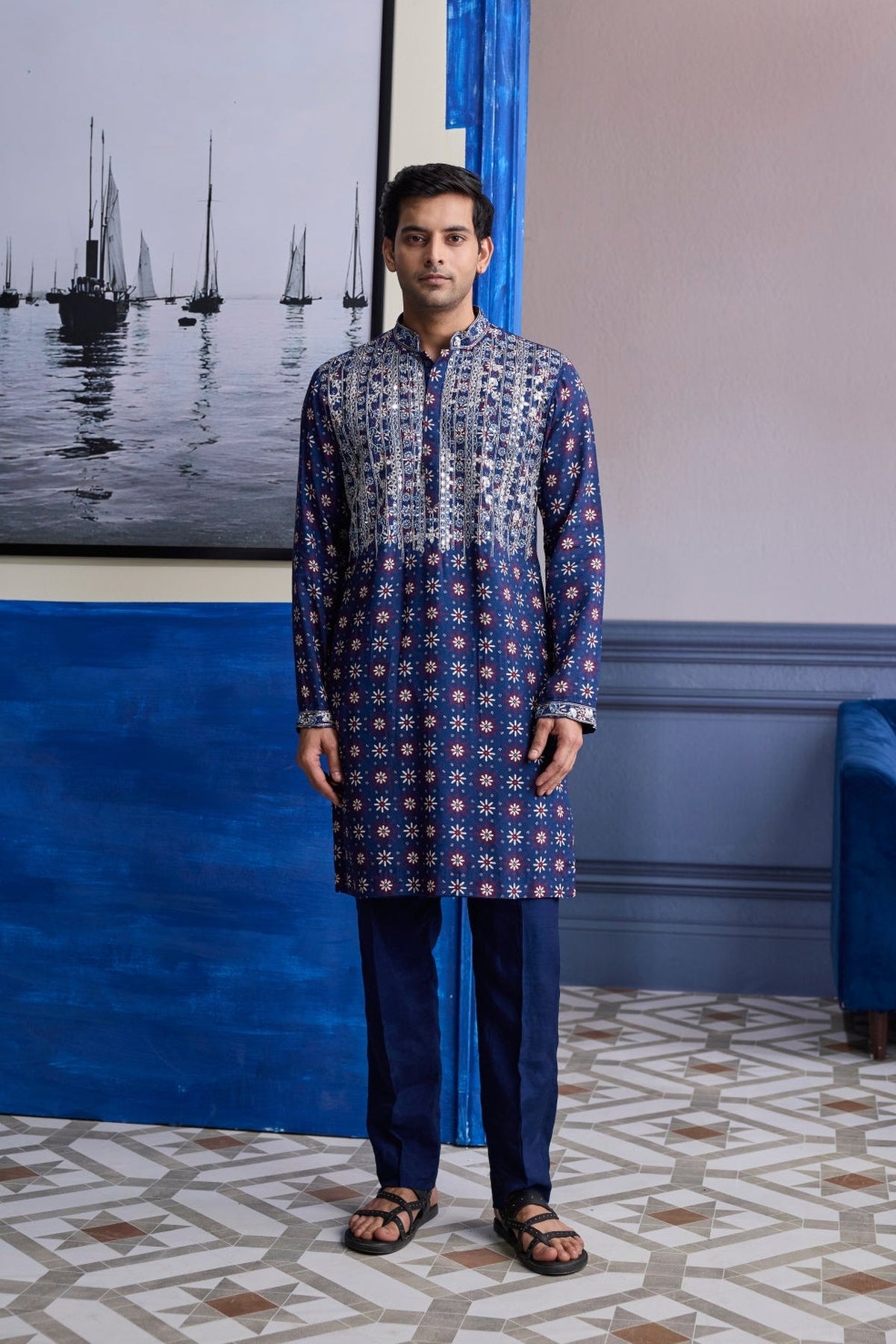 Dark Blue Print Hilighted Kurta With Solid Pants