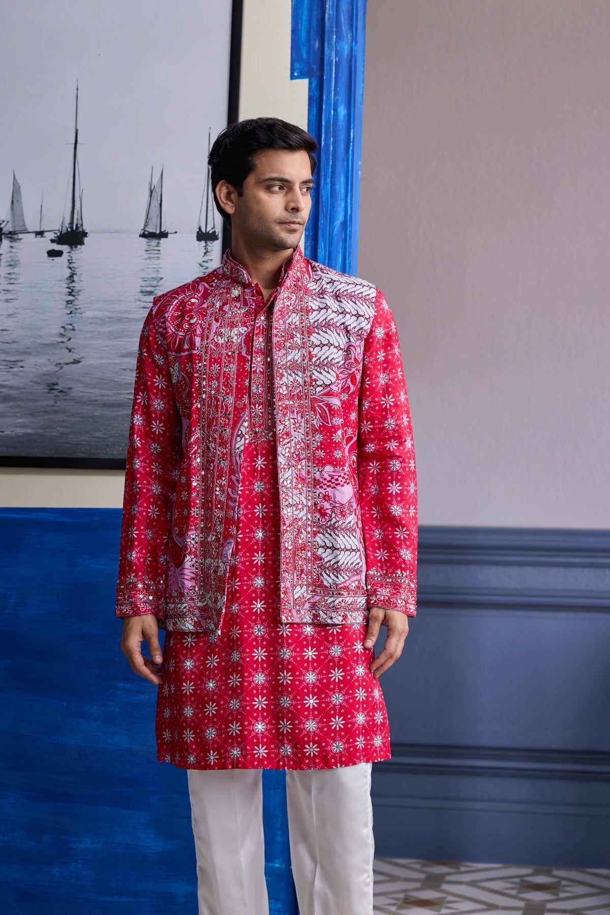 Red Print Highlighted  Kurta With Print Embroidered Bundi And Ivory Pants