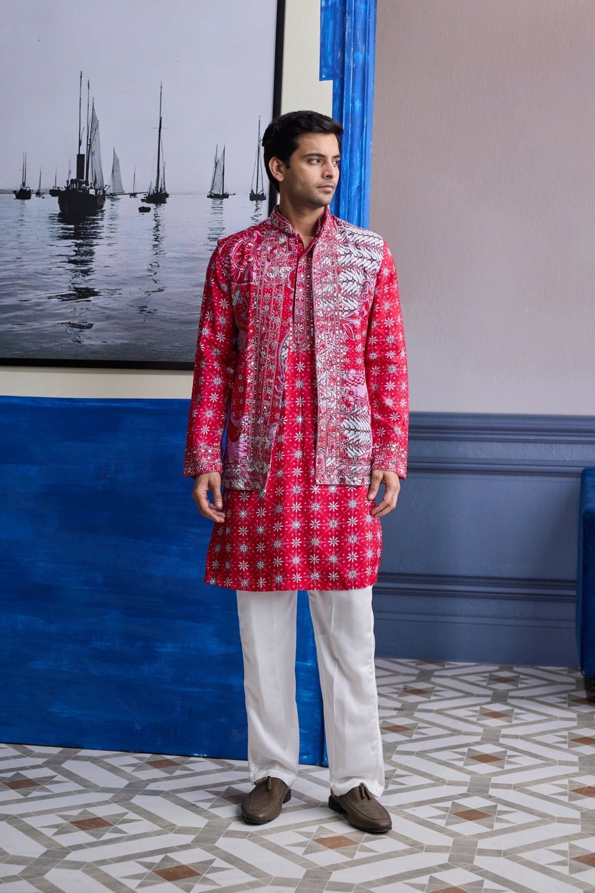 Red Print Highlighted  Kurta With Print Embroidered Bundi And Ivory Pants