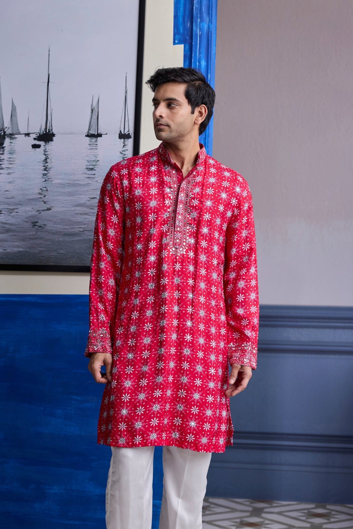 Red Print Highlighted  Kurta With Print Embroidered Bundi And Ivory Pants