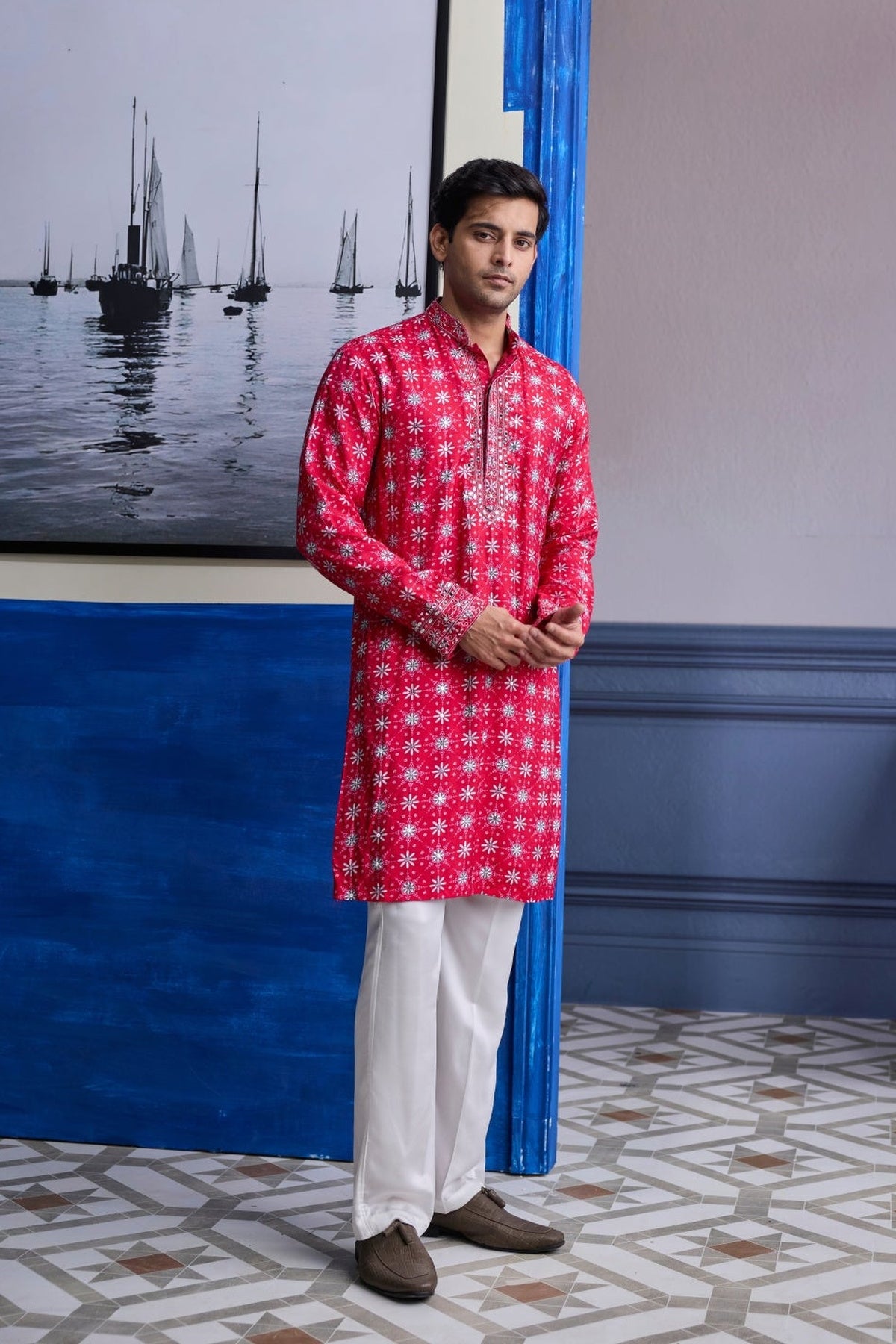 Red  Butta Print Highlighted Kurta With  Ivory Pants