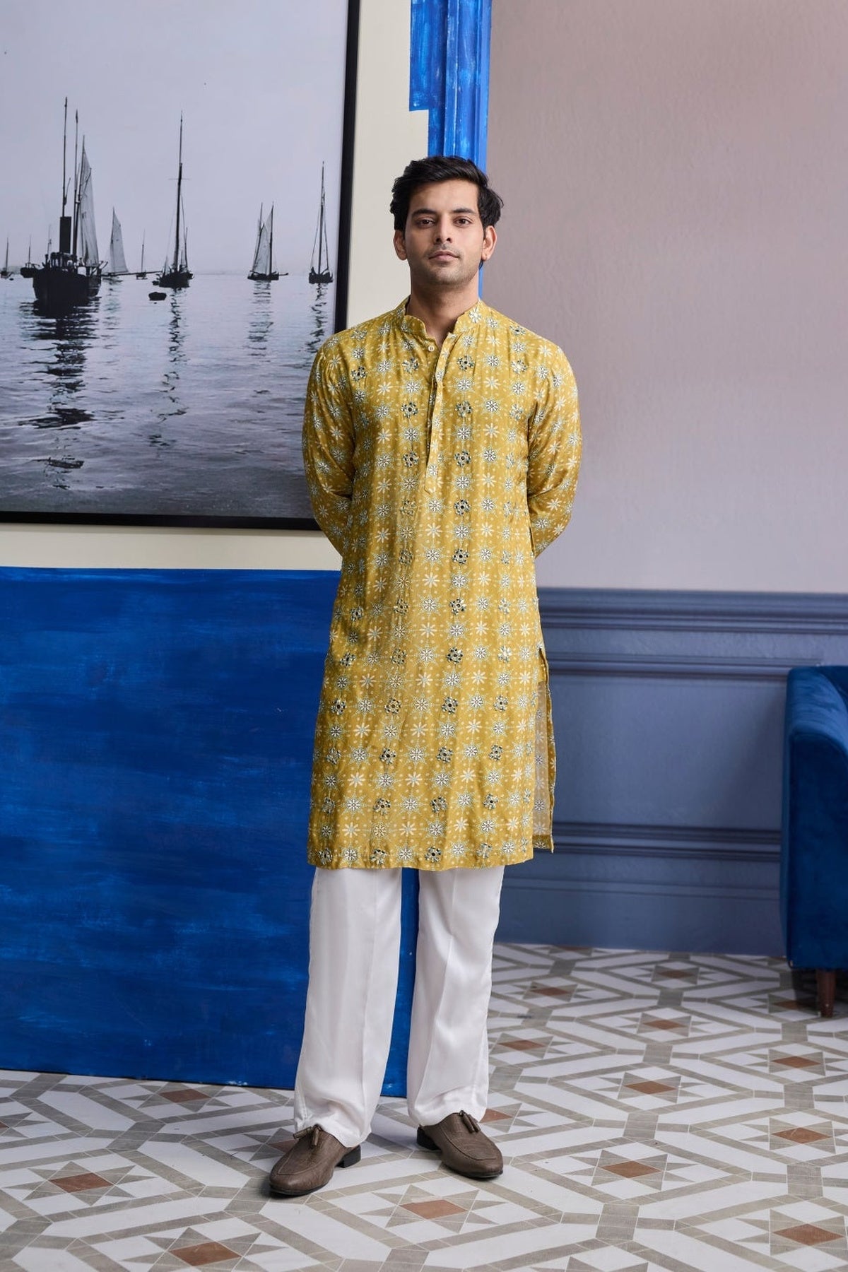 Yellow Butta Print Highlighted Kurta With Ivory Pants