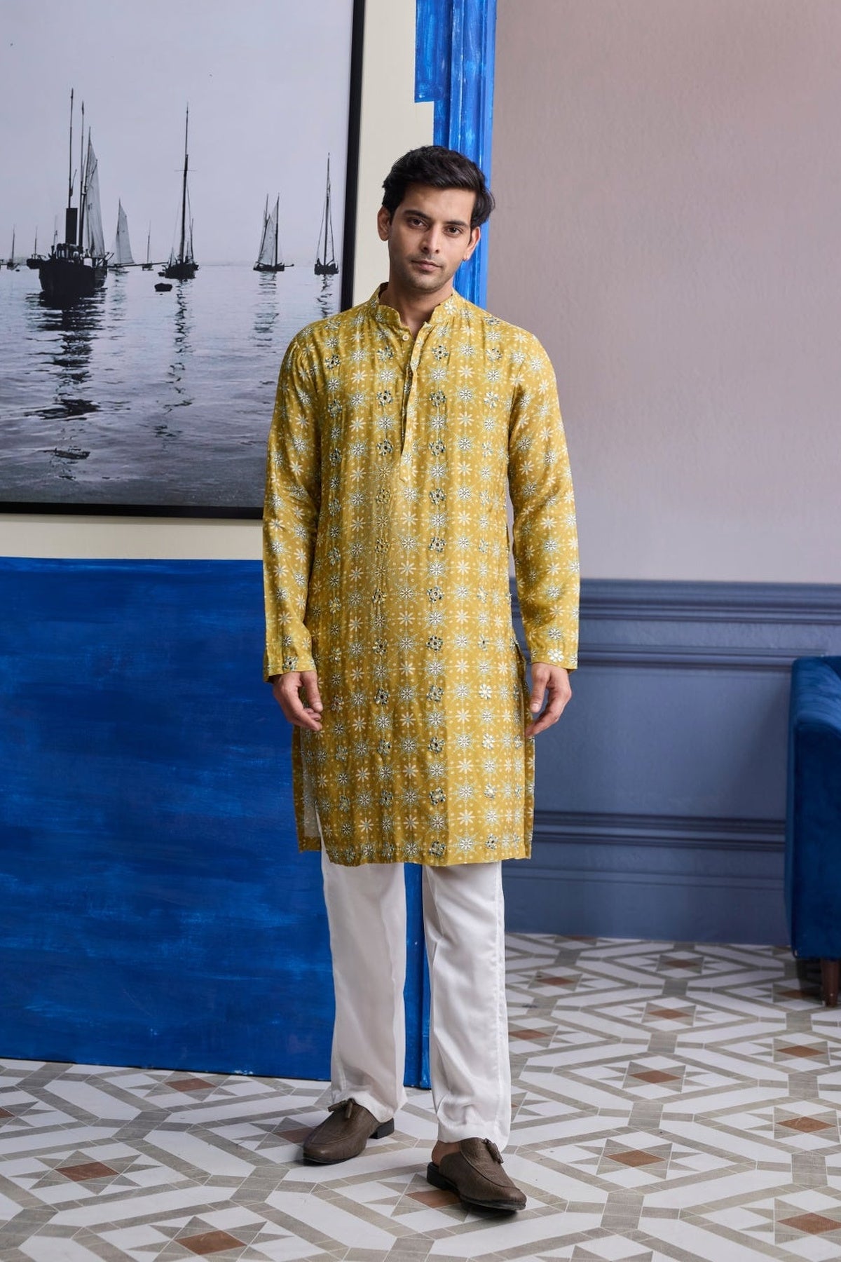 Yellow Butta Print Highlighted Kurta With Ivory Pants