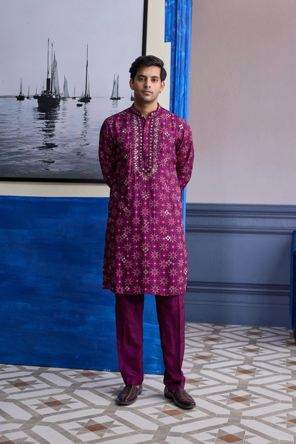 Plum Butta Print Highlighted Kurta With Solid Pants