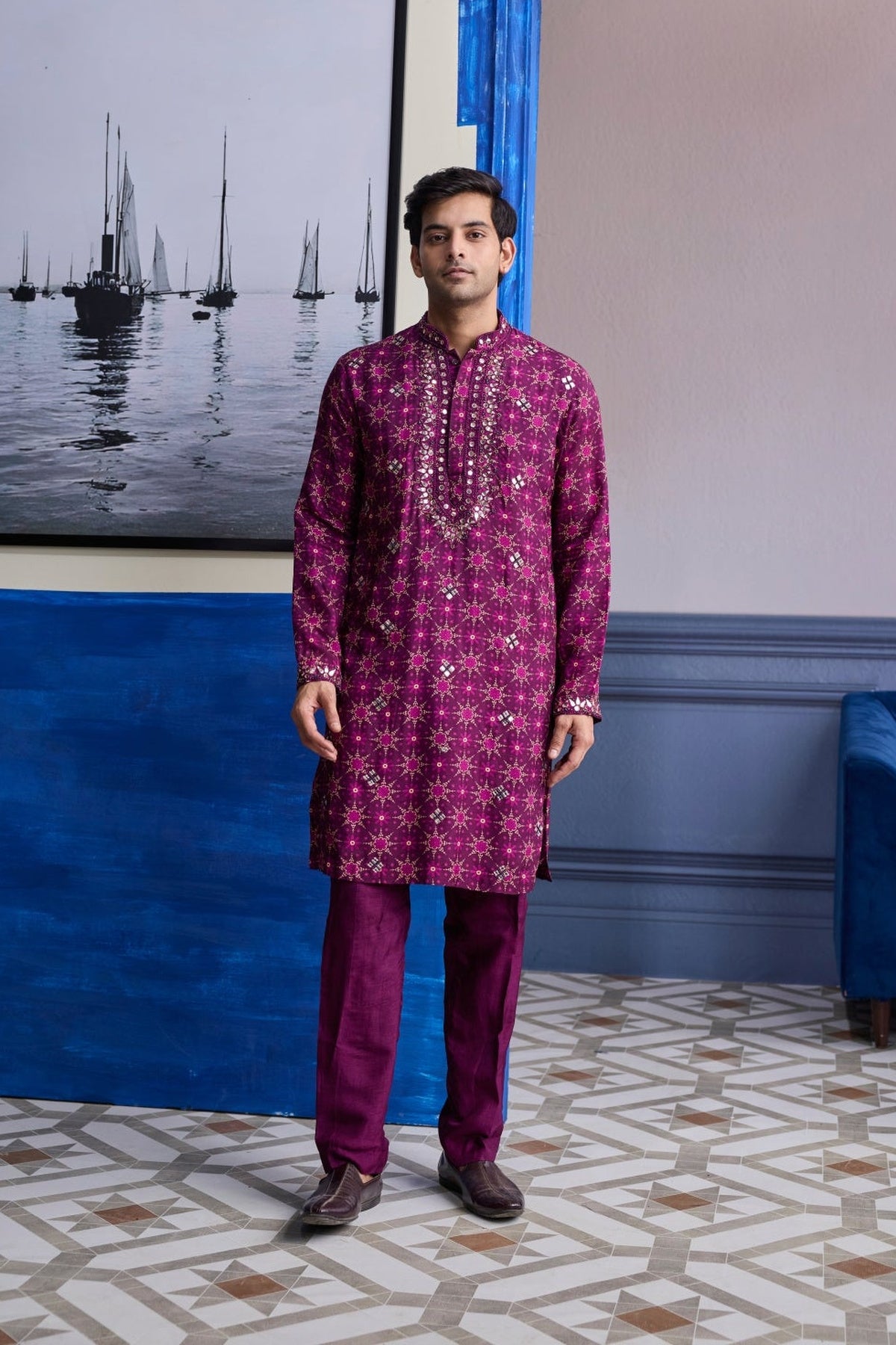 Plum Butta Print Highlighted Kurta With Solid Pants