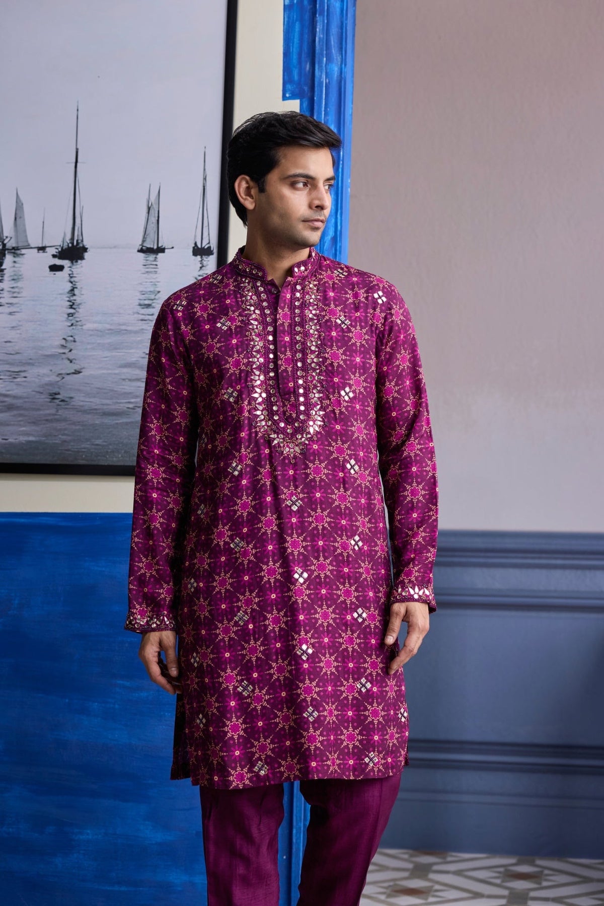 Plum Butta Print Highlighted Kurta With Solid Pants