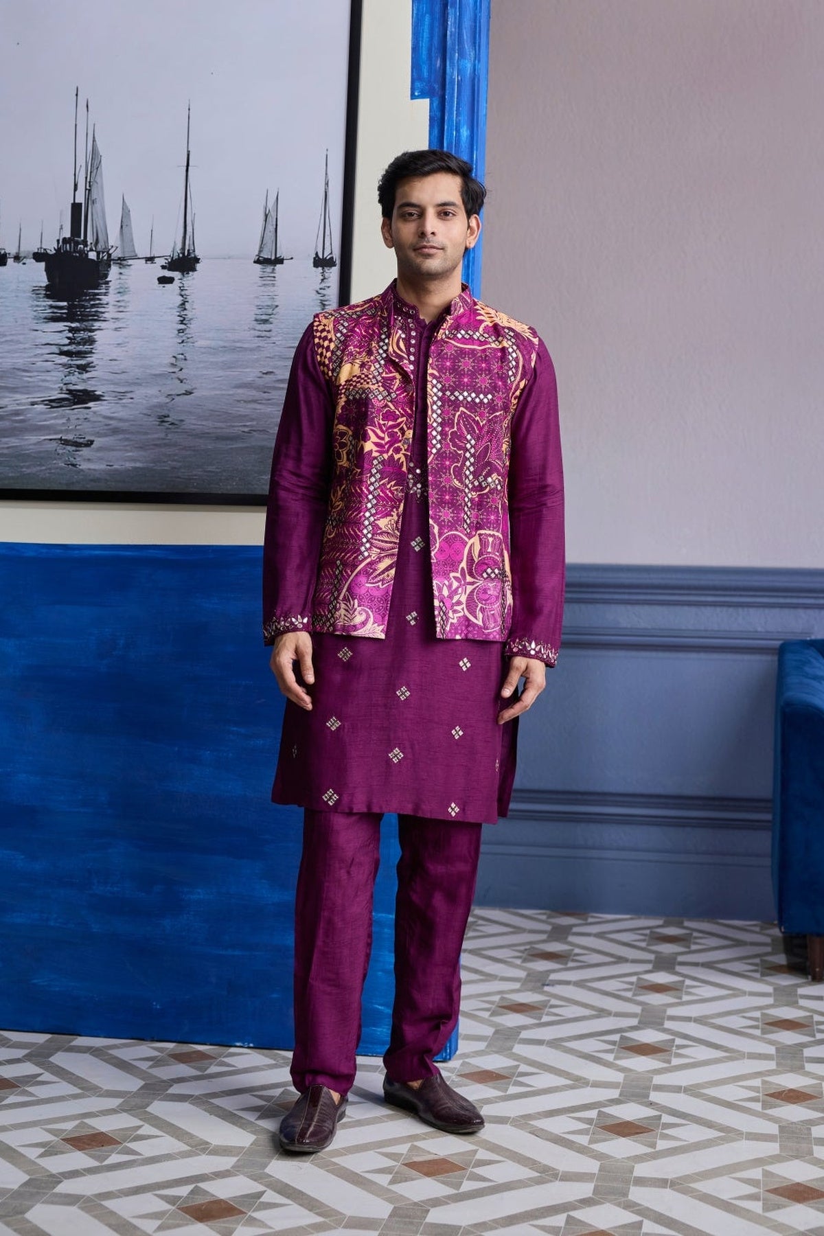 Plum Print Highlighted Bundi With Solid Embroidered Kurta With Solid Pants