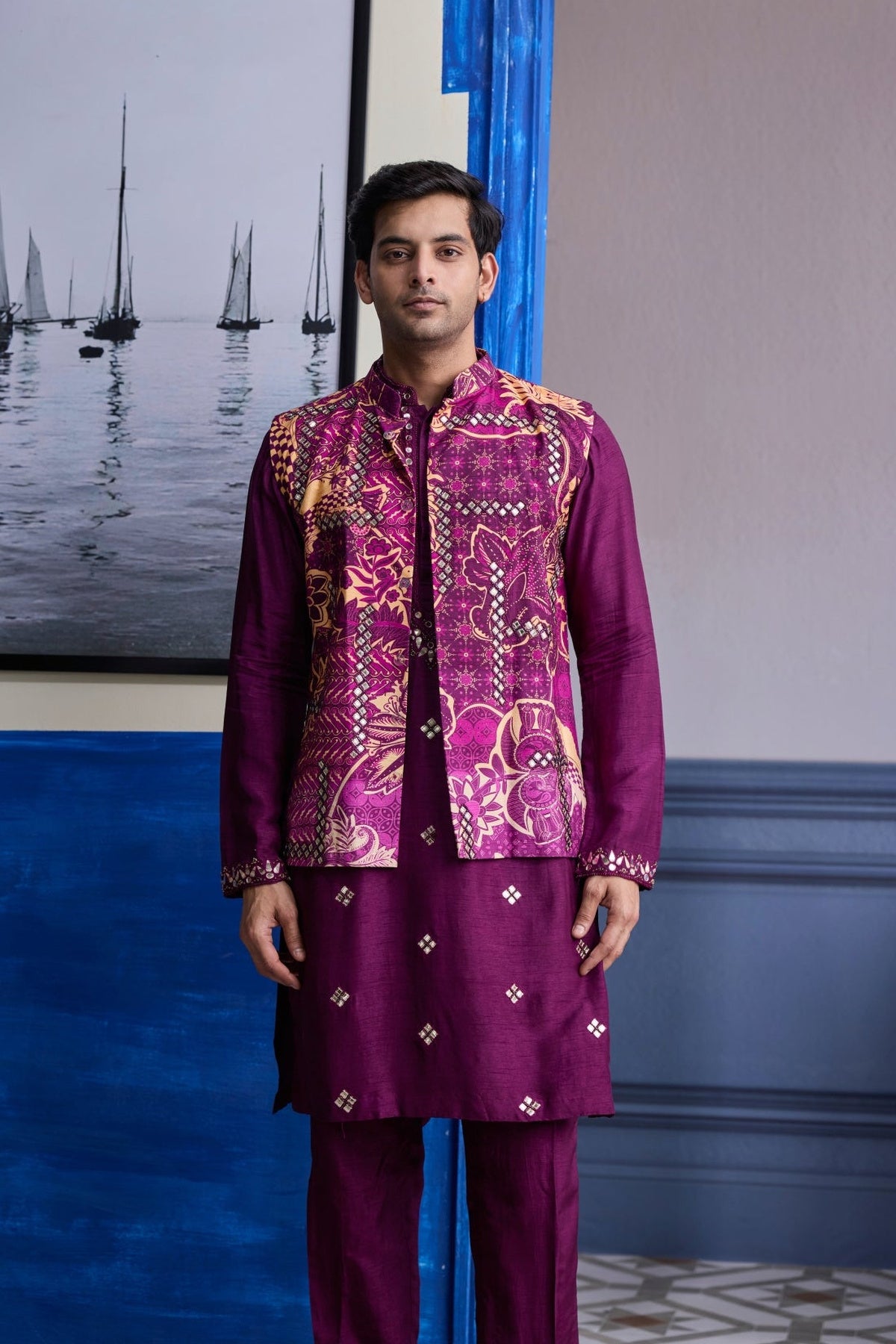 Plum Print Highlighted Bundi With Solid Embroidered Kurta With Solid Pants