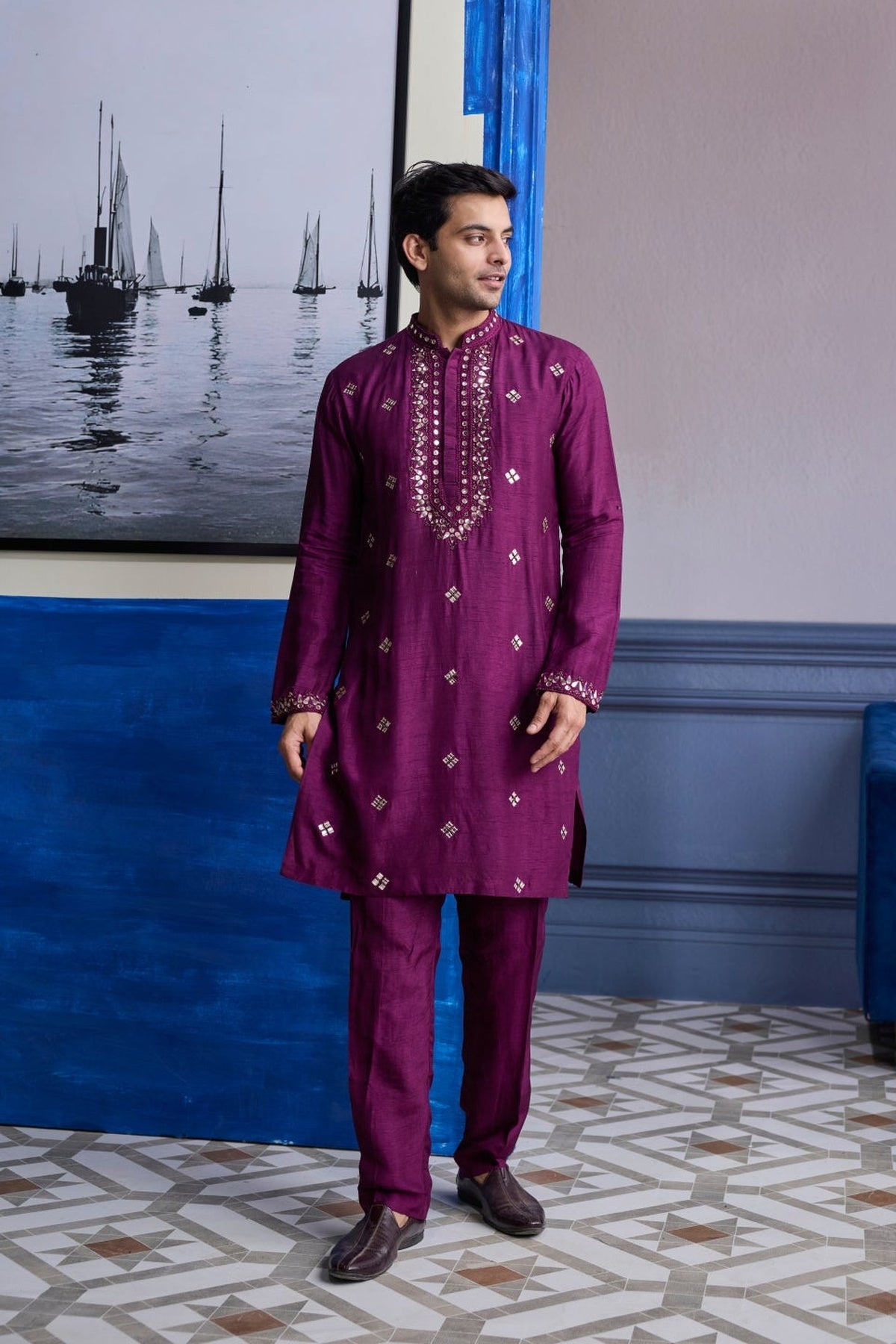 Plum Embroidered Kurta With Solid Pants