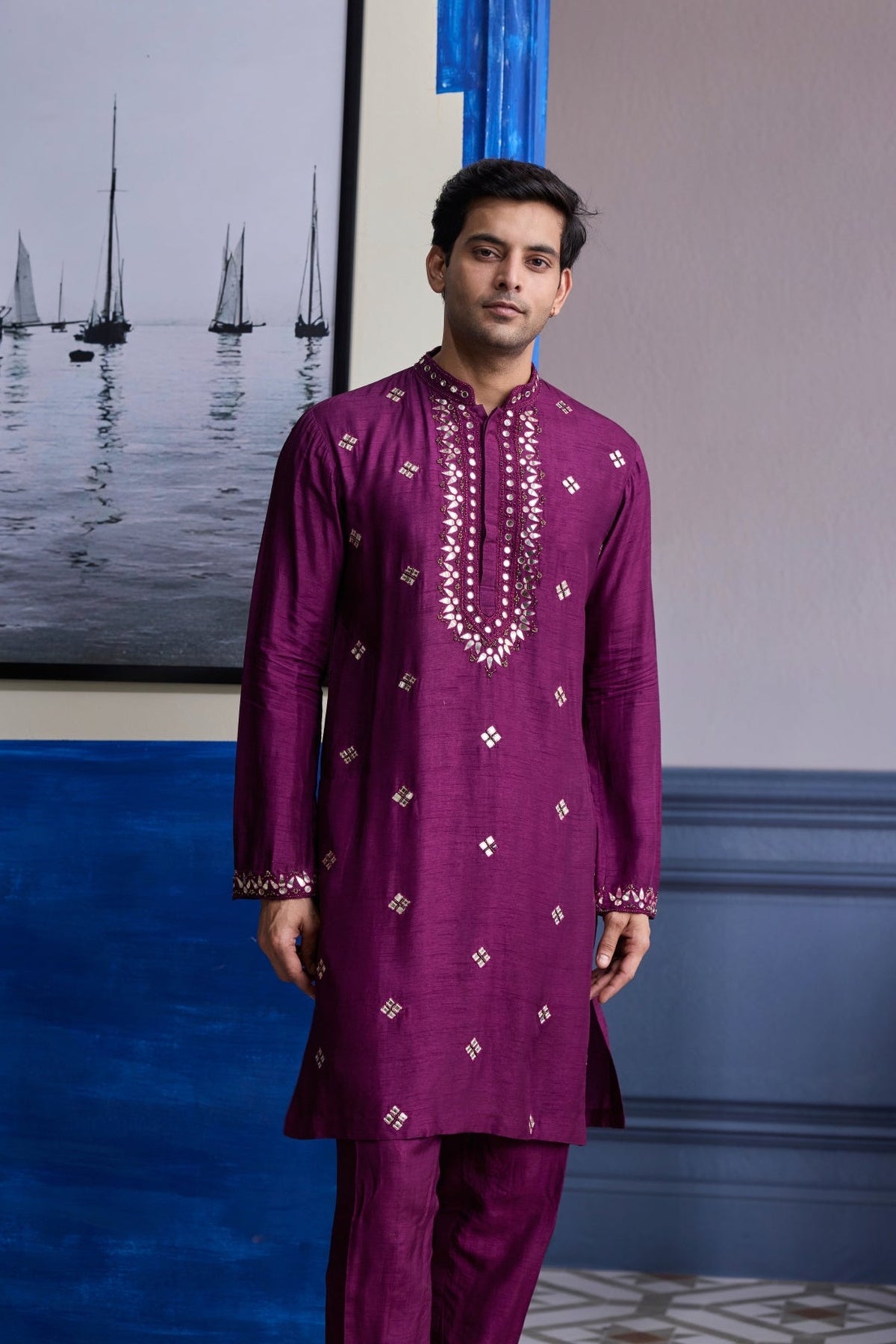 Plum Embroidered Kurta With Solid Pants