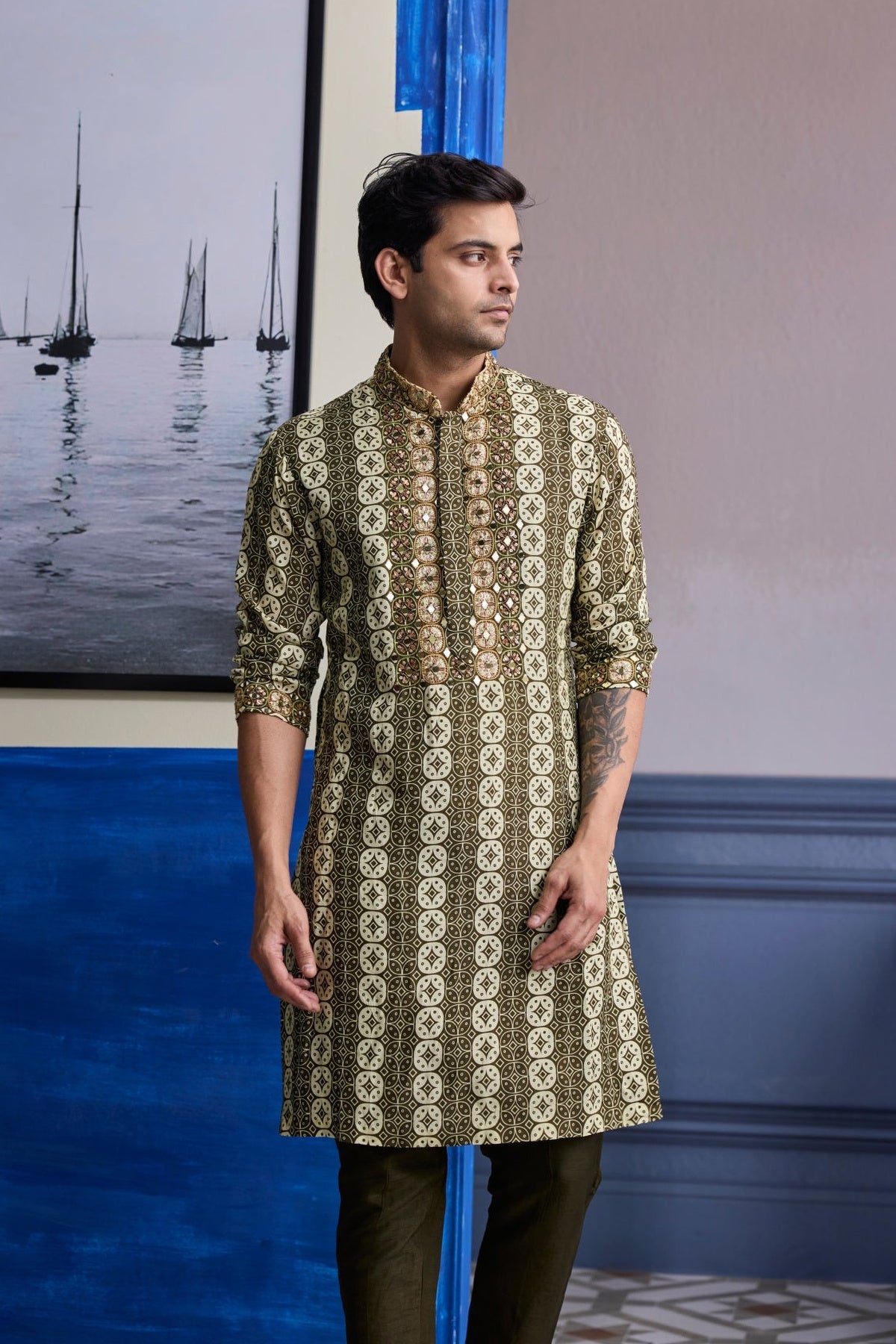 Olive Butta Highlighted Kurta With Solid Pants