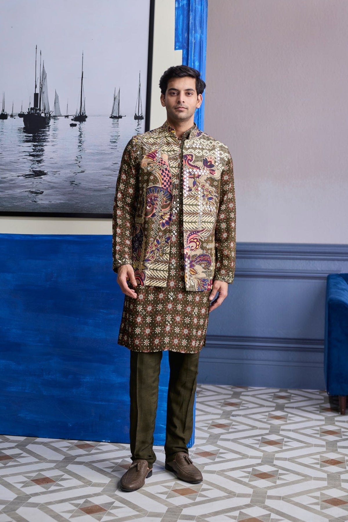 Olive Butta Highlighted Kurta With Olive Print Highlighted Bundi Jacket Paierd With Solid Pants