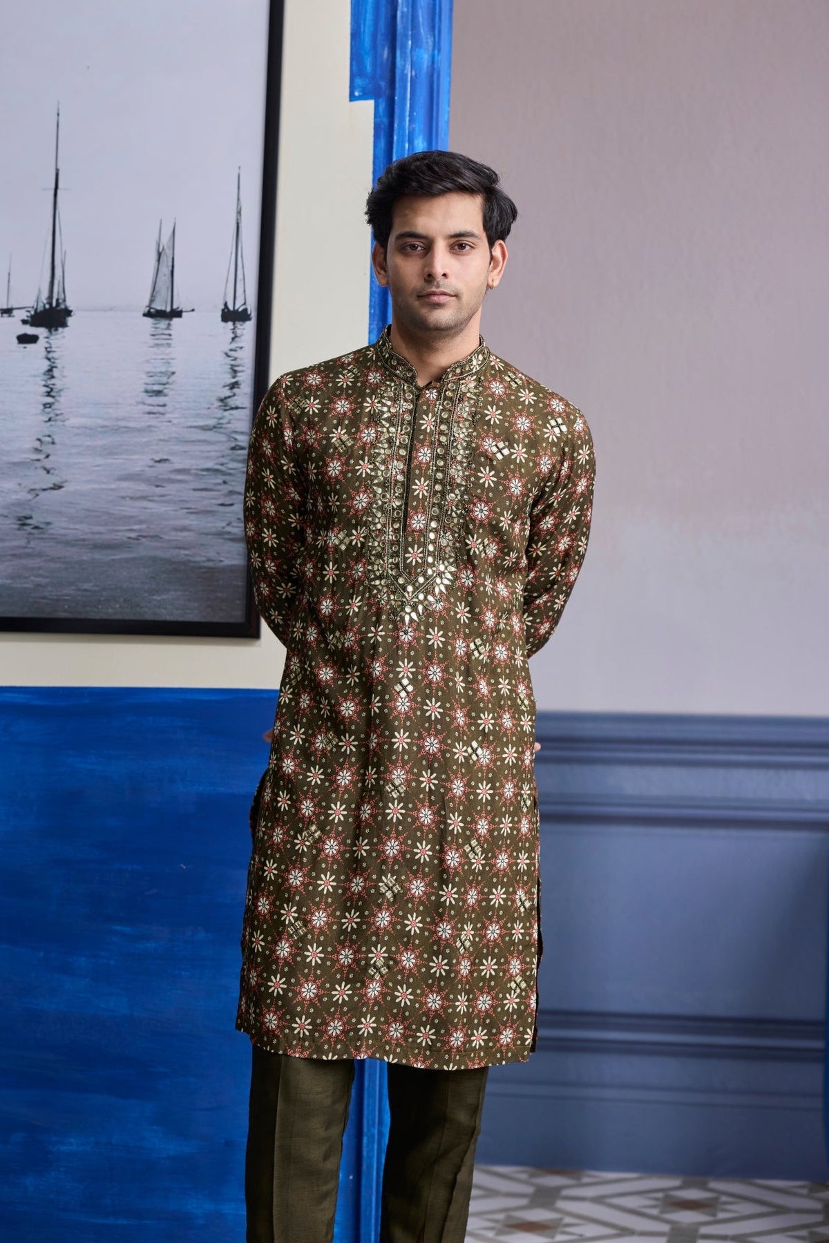 Olive Butta Highlighted Kurta With Olive Print Highlighted Bundi Jacket Paierd With Solid Pants