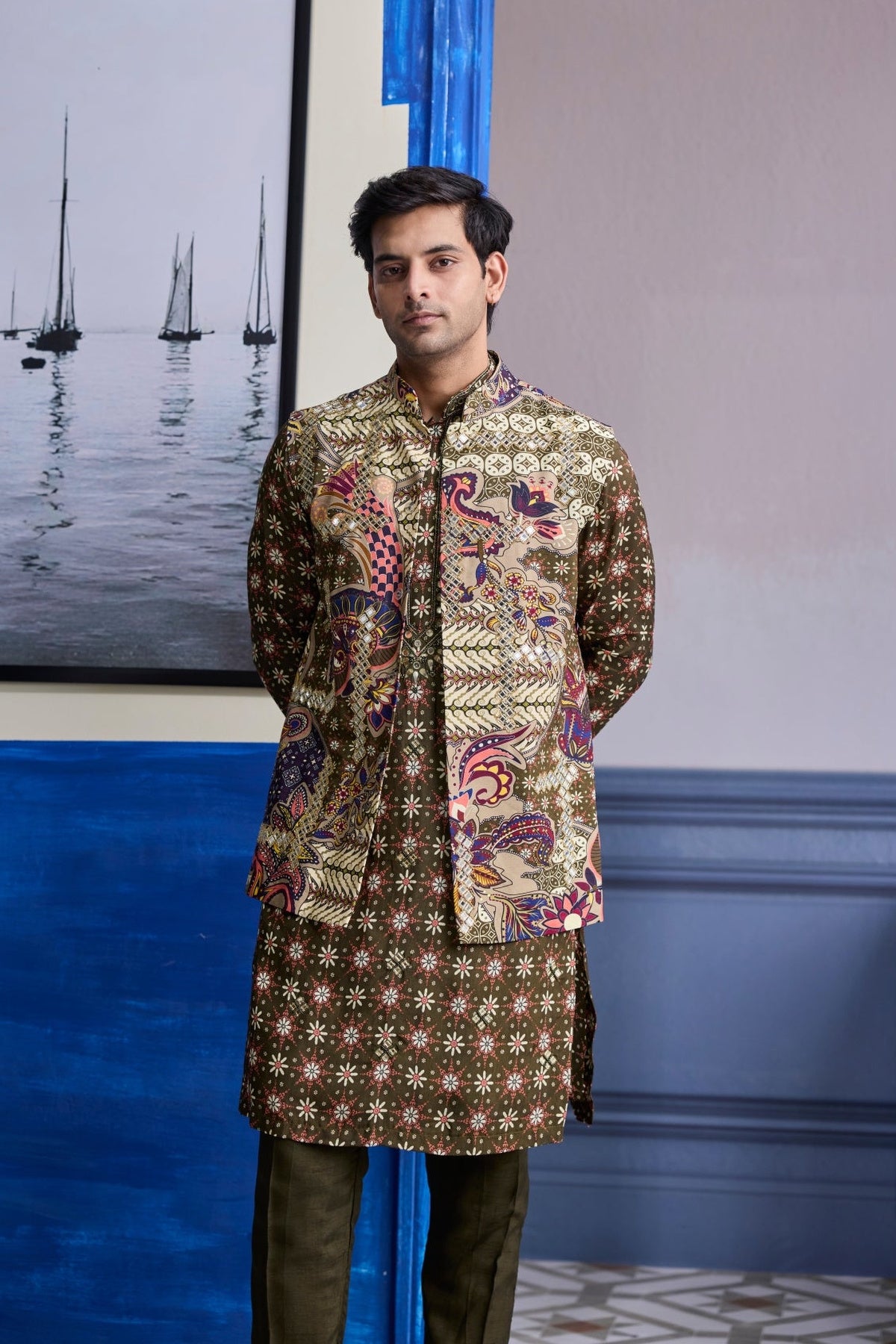 Olive Butta Highlighted Kurta With Olive Print Highlighted Bundi Jacket Paierd With Solid Pants