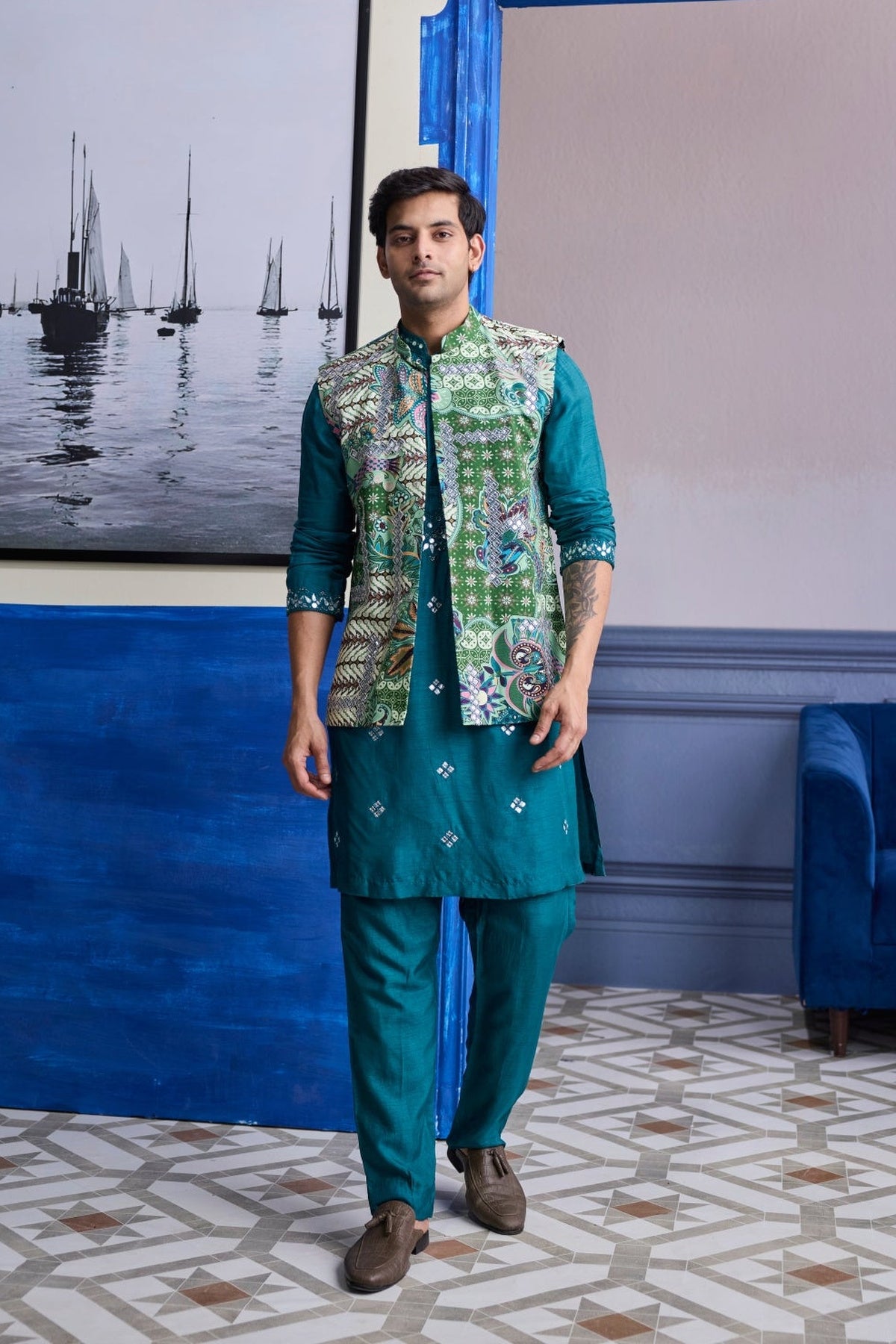 Teal Green Embroidered Kurta With Print Highlighted Bundi Jacket Paierd With Solid Pants