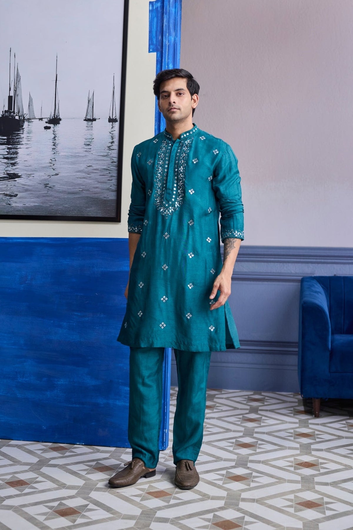 Teal Green Embroidered Kurta  With Solid Pants