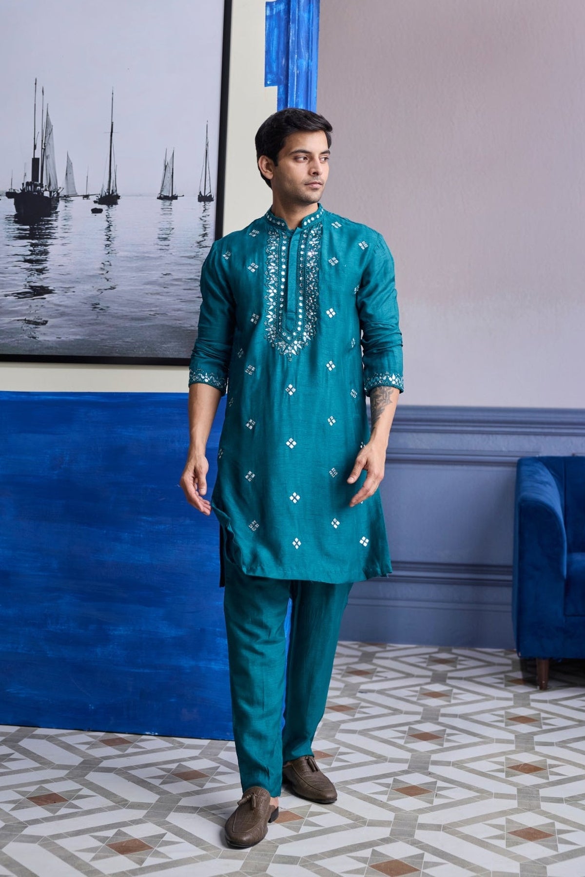 Teal Green Embroidered Kurta  With Solid Pants