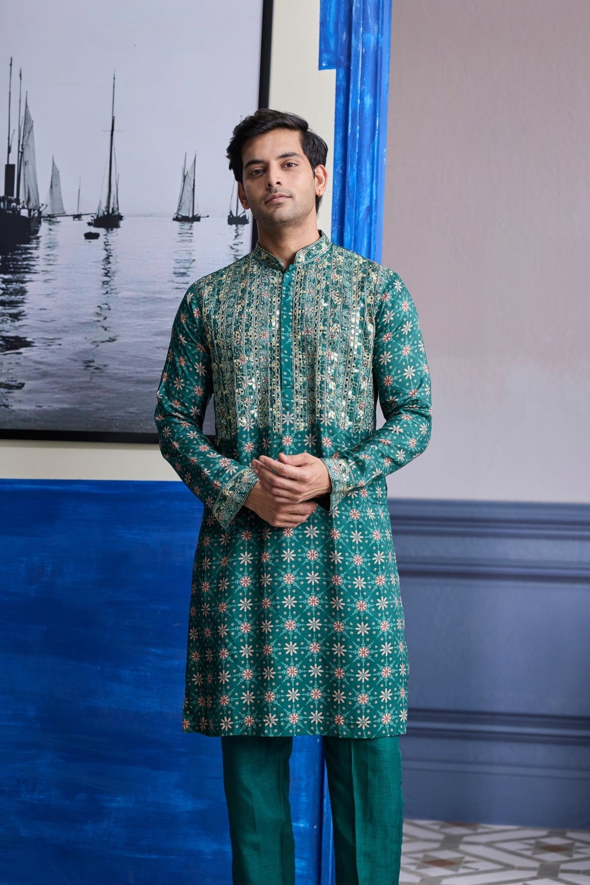 Teal Green  Butta Highlighted  Kurta With Solid Pants