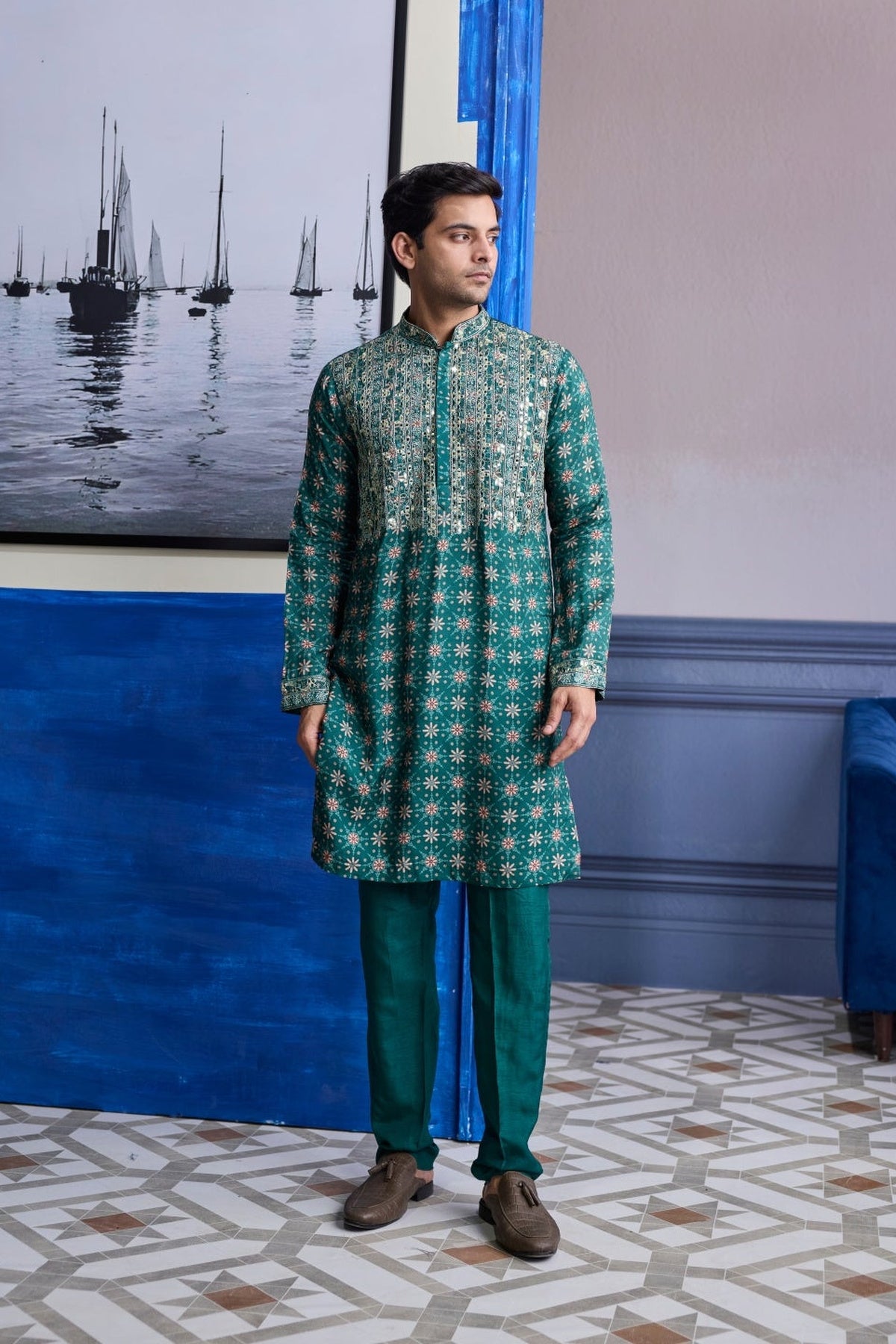 Teal Green  Butta Highlighted  Kurta With Solid Pants