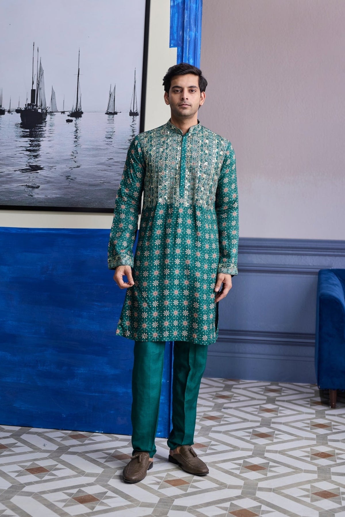 Teal Green  Butta Highlighted  Kurta With Solid Pants