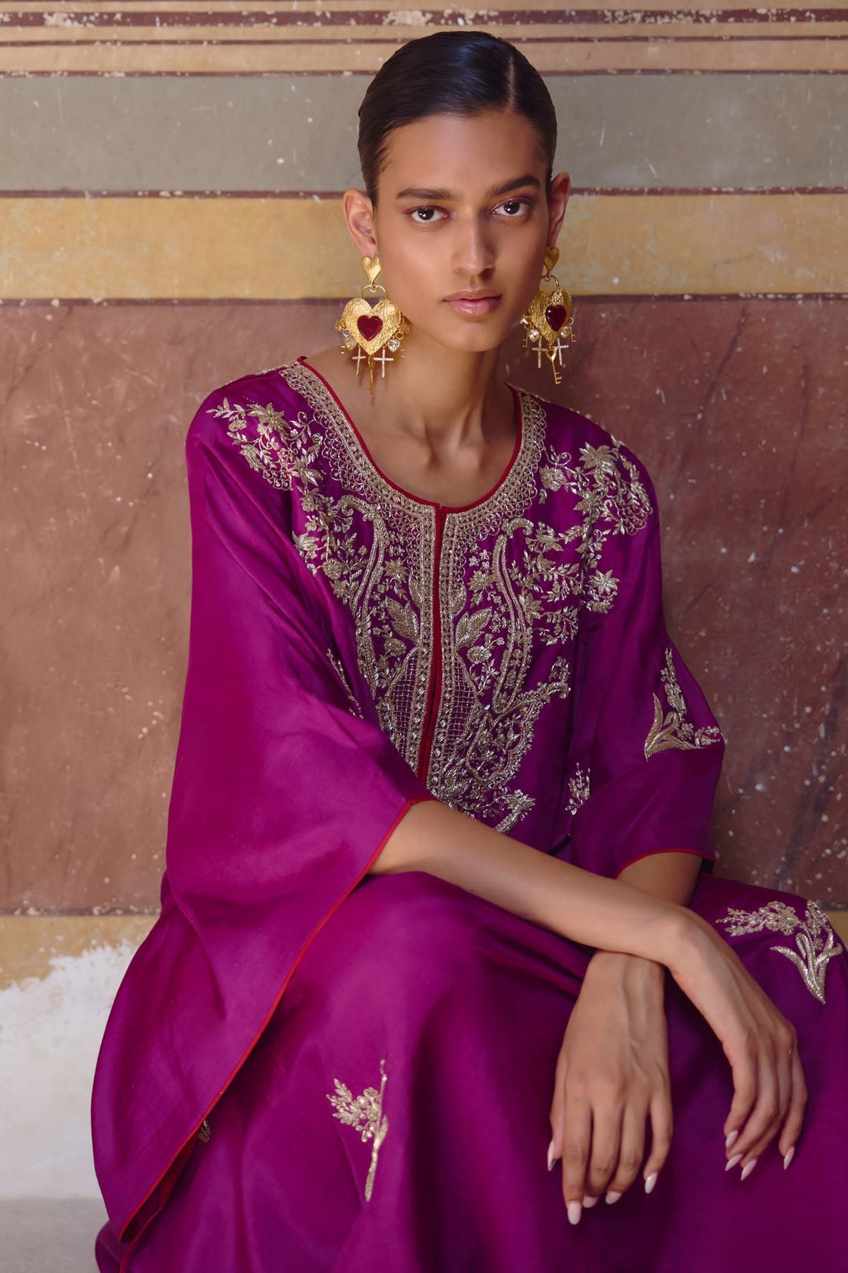 Magenta New Zardozi Flower Butta Kaftan Set