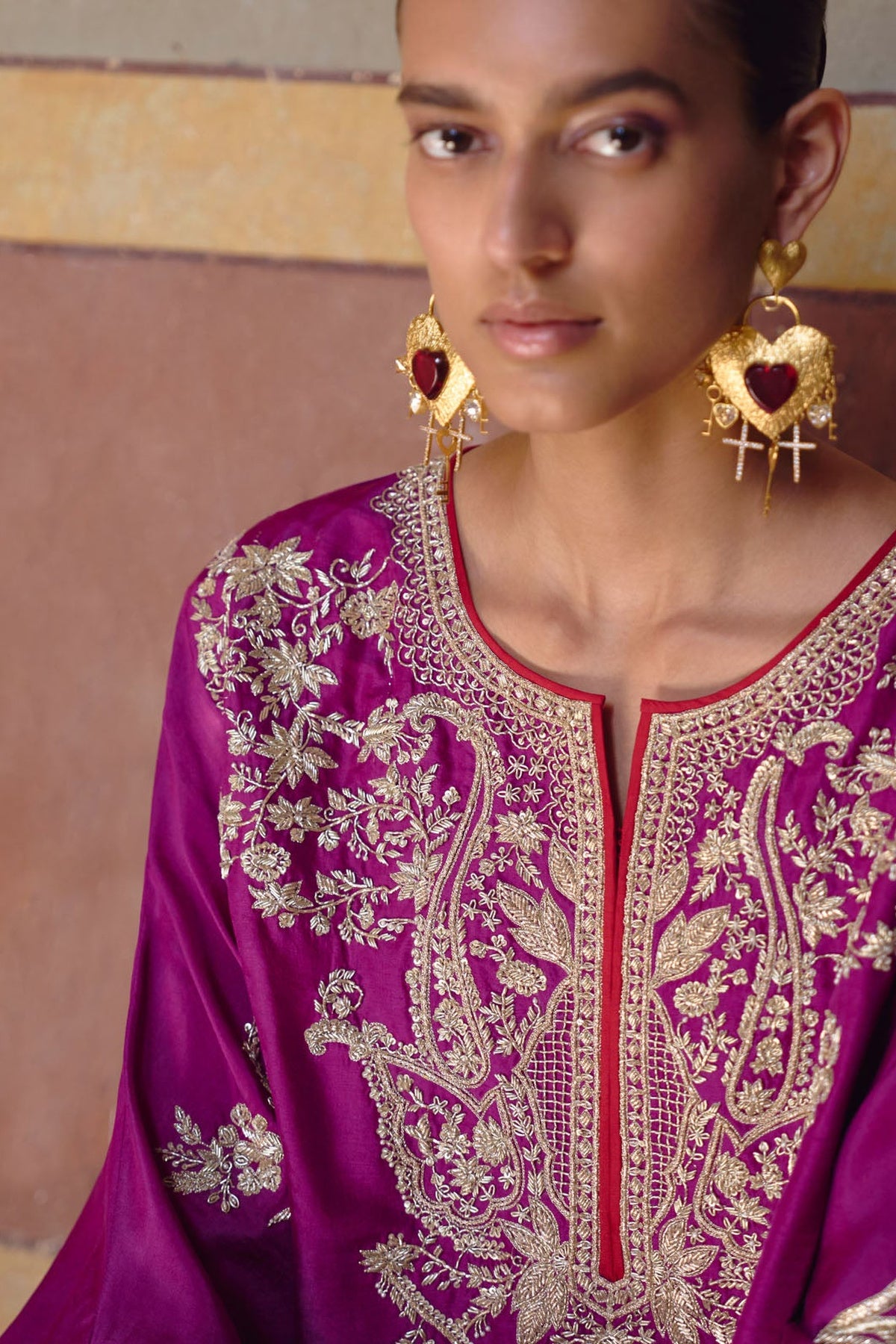 Magenta New Zardozi Flower Butta Kaftan Set