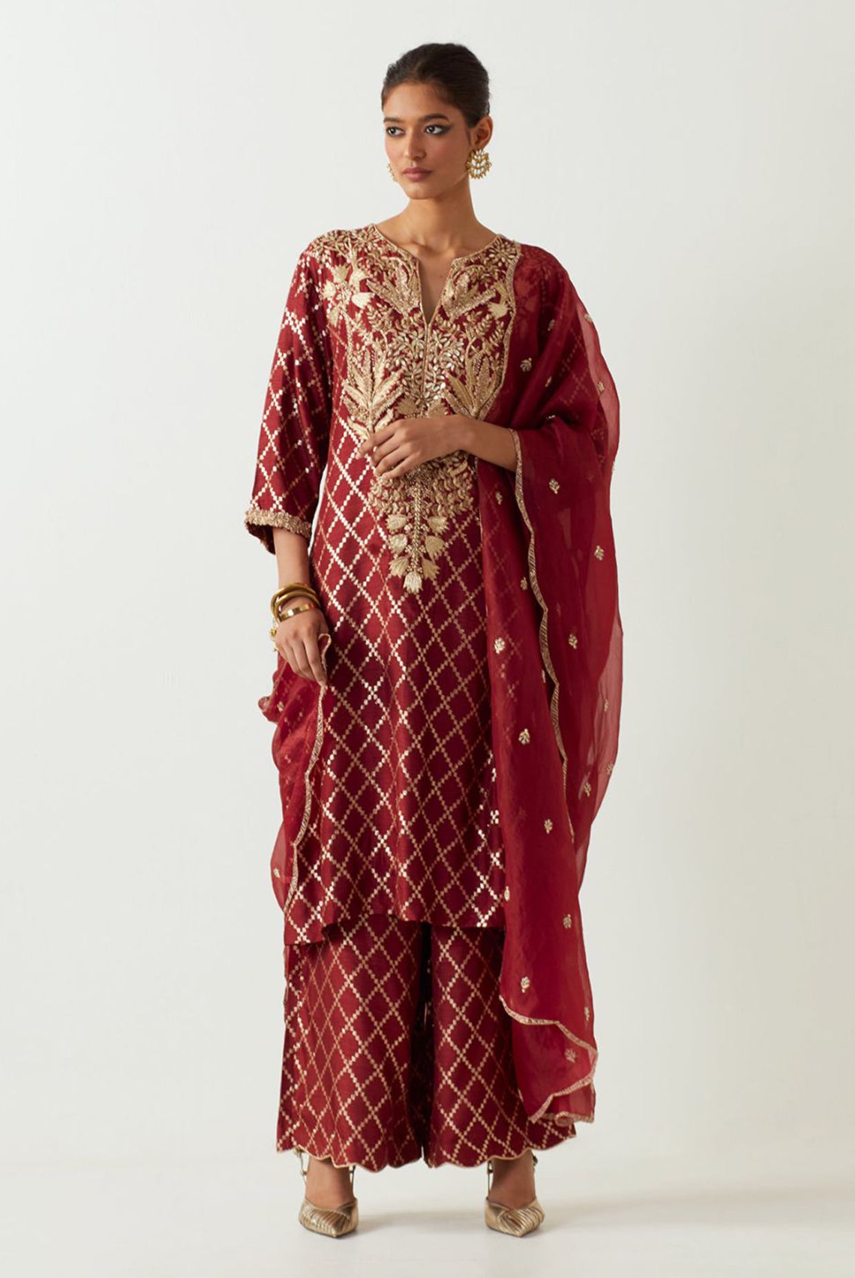 Maroon Embroidered Kurta With Pant And Embroidered Dupatta