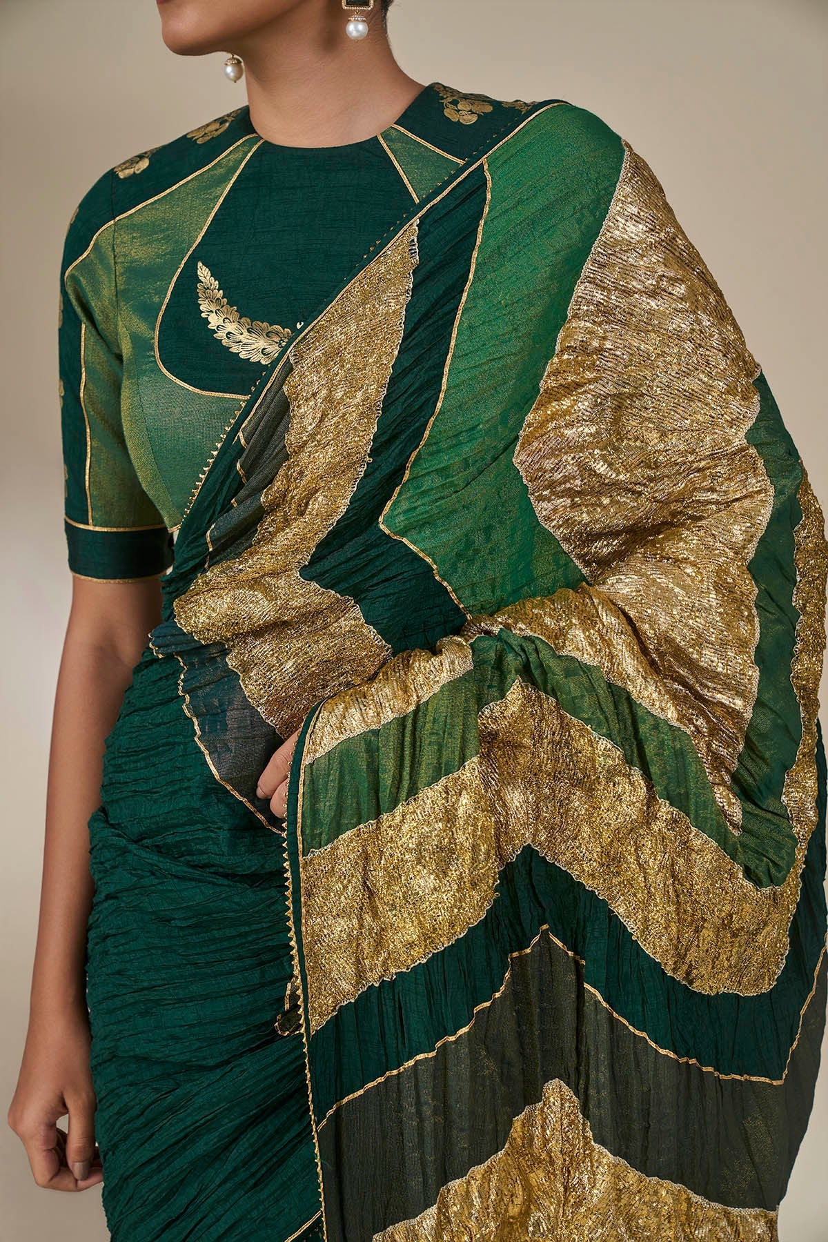 Bottle Green Celestial Moonfall Crush Saree