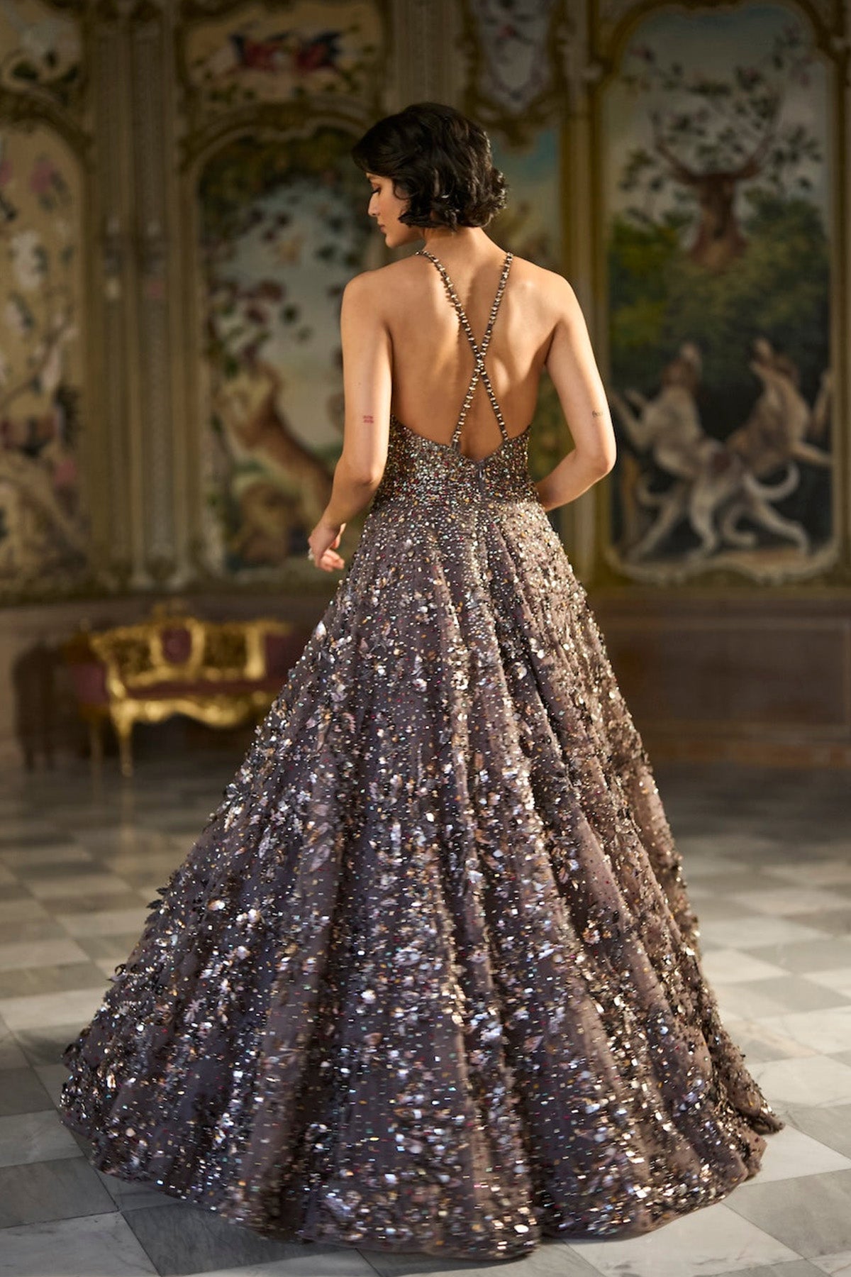 Metallic Antique Silver 3D Gown