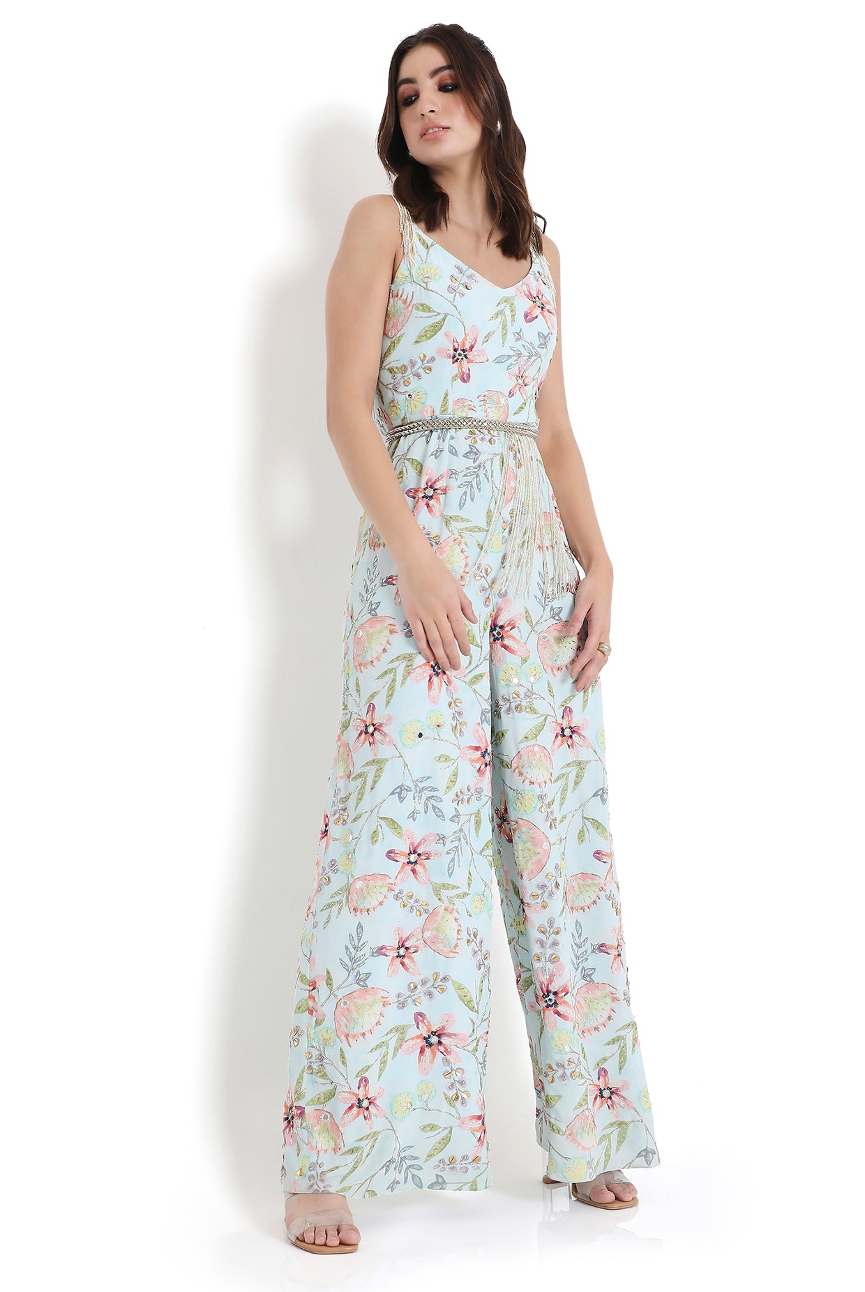 Milana Lavender Dream Print Embroidered Jumpsuit With Embroidered Leather Belt