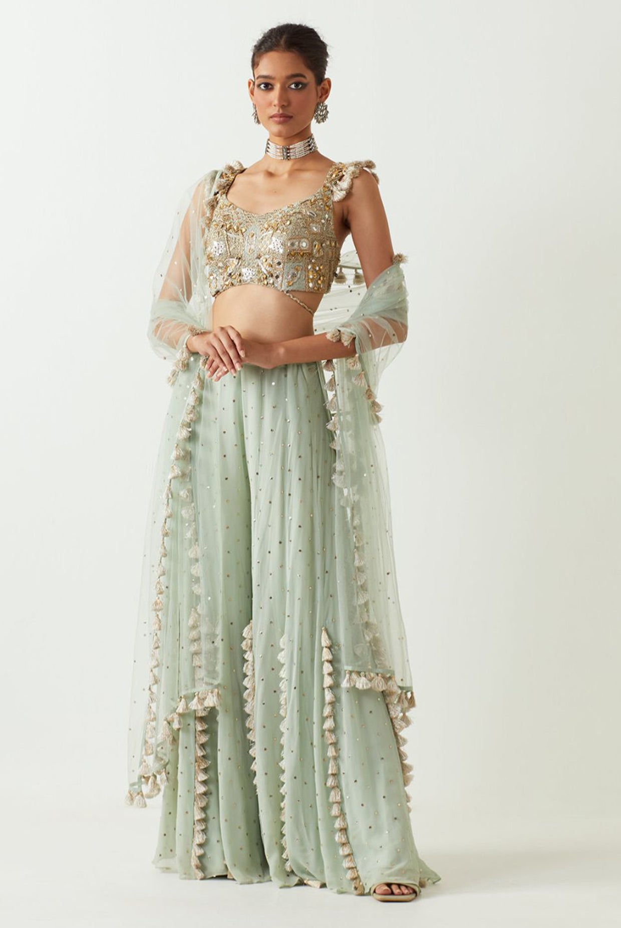 Powder Blue Embroidered Choli With Sharara And Dupatta