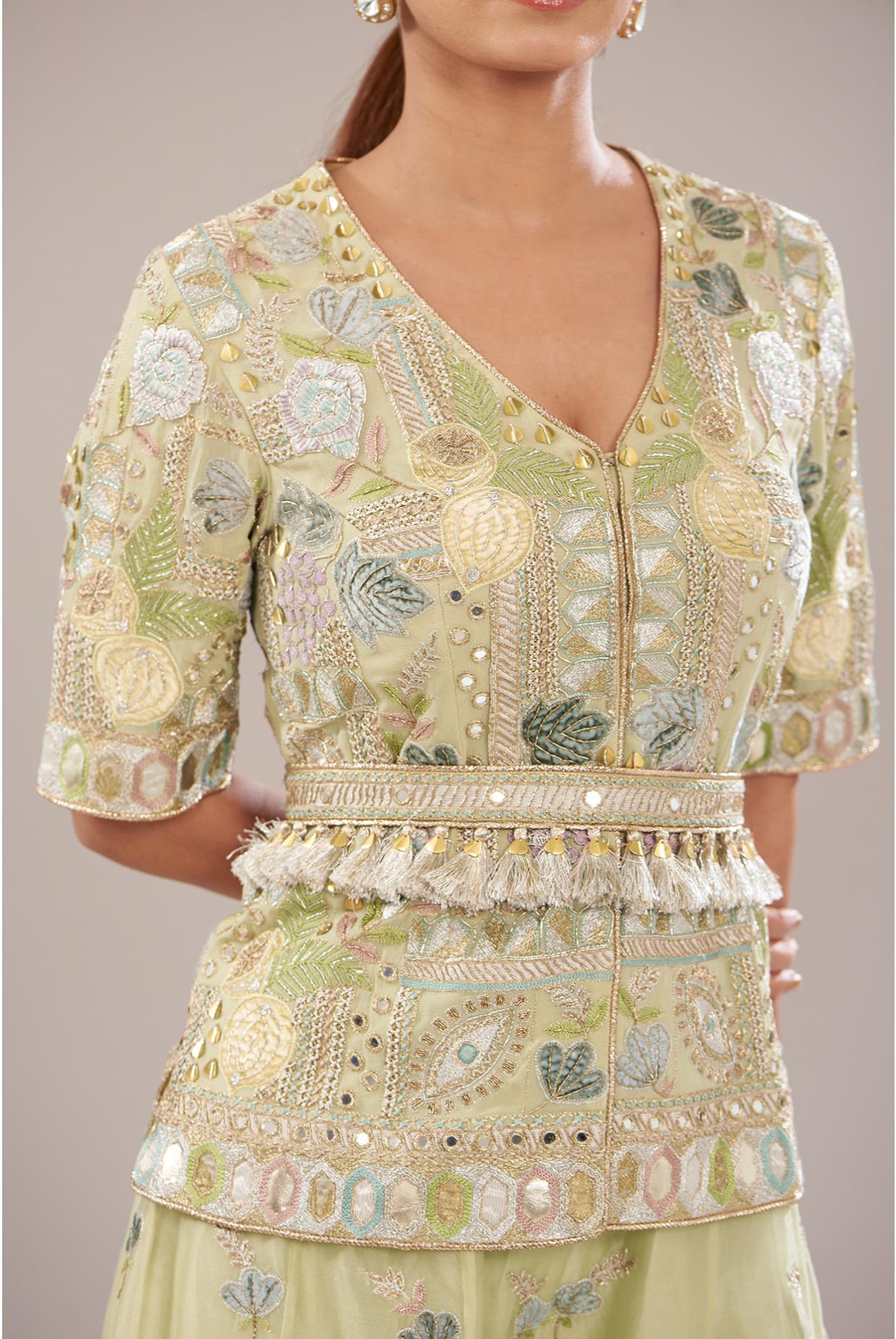 Mint Embroidered Kurta With Belt & Sharara