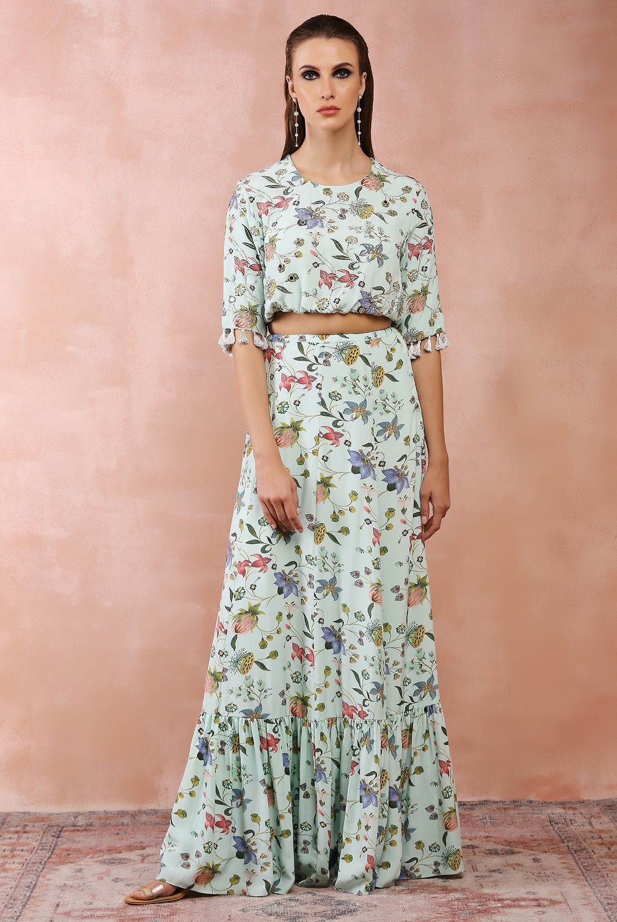 MINT NARGIS PRINT EMBROIDERED BALLOON TOP WITH FRILL SKIRT