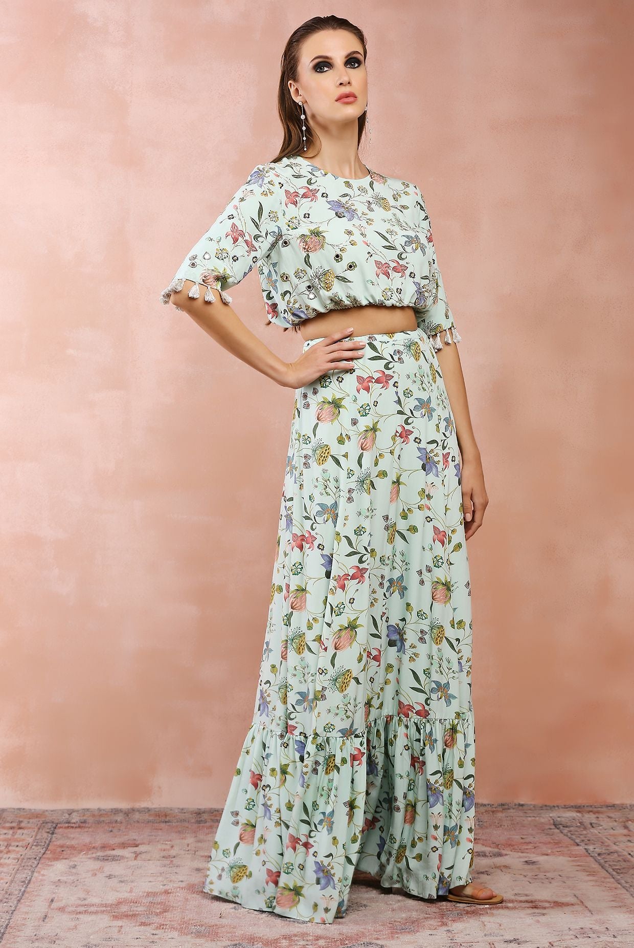 MINT NARGIS PRINT EMBROIDERED BALLOON TOP WITH FRILL SKIRT