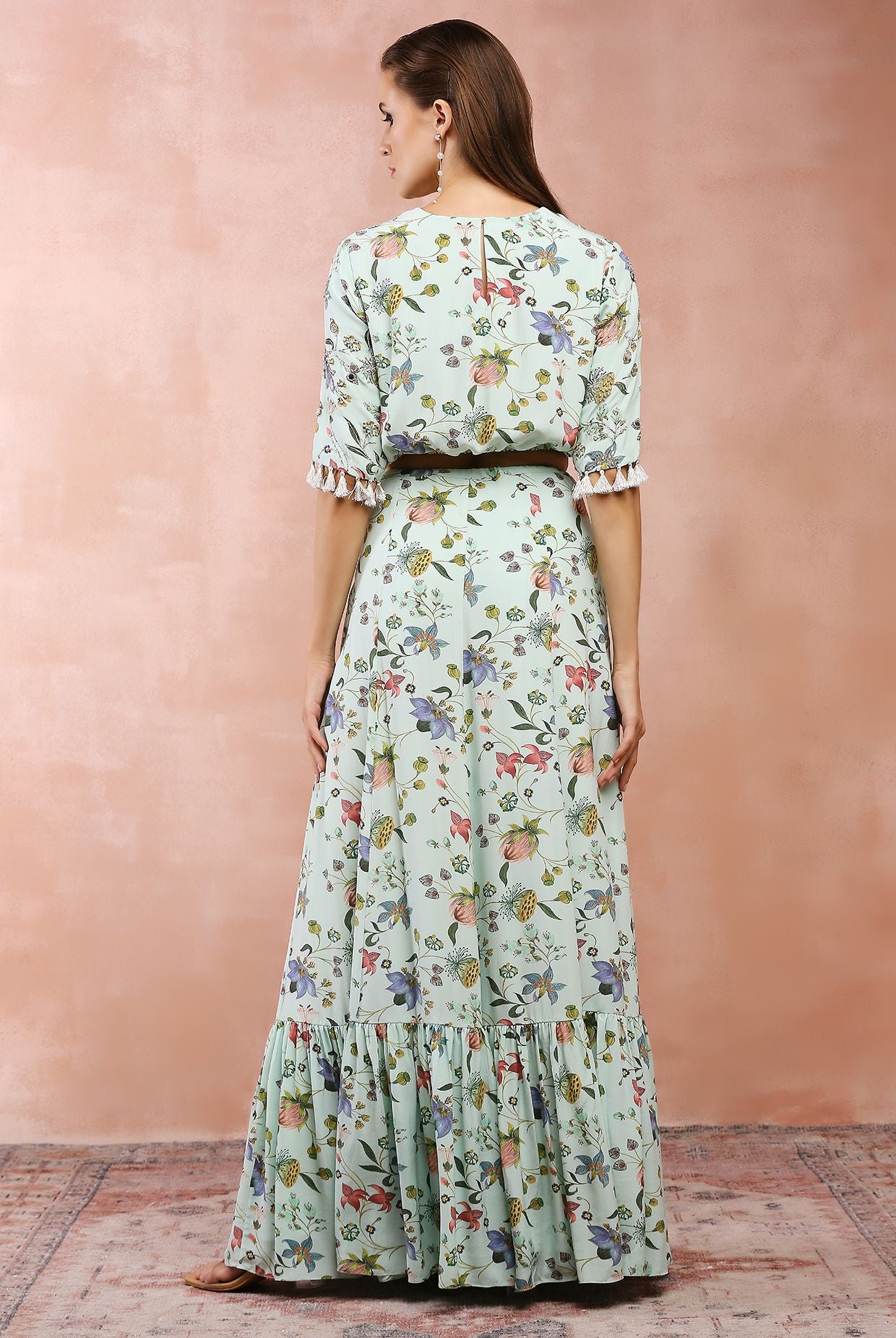 MINT NARGIS PRINT EMBROIDERED BALLOON TOP WITH FRILL SKIRT