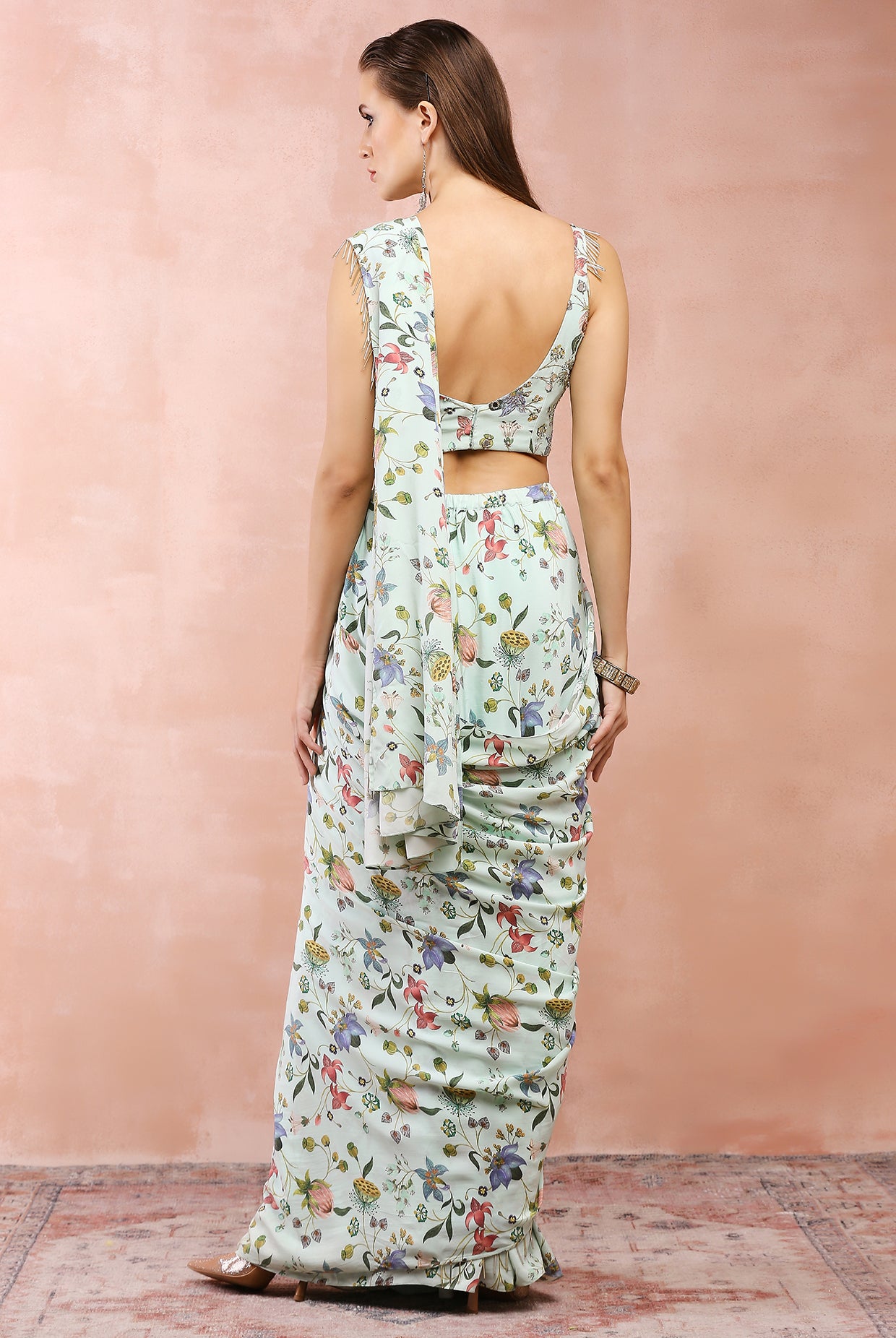 MINT NARGIS PRINT EMBROIDERED CHOLI WITH PRE-STITCHED SAREE