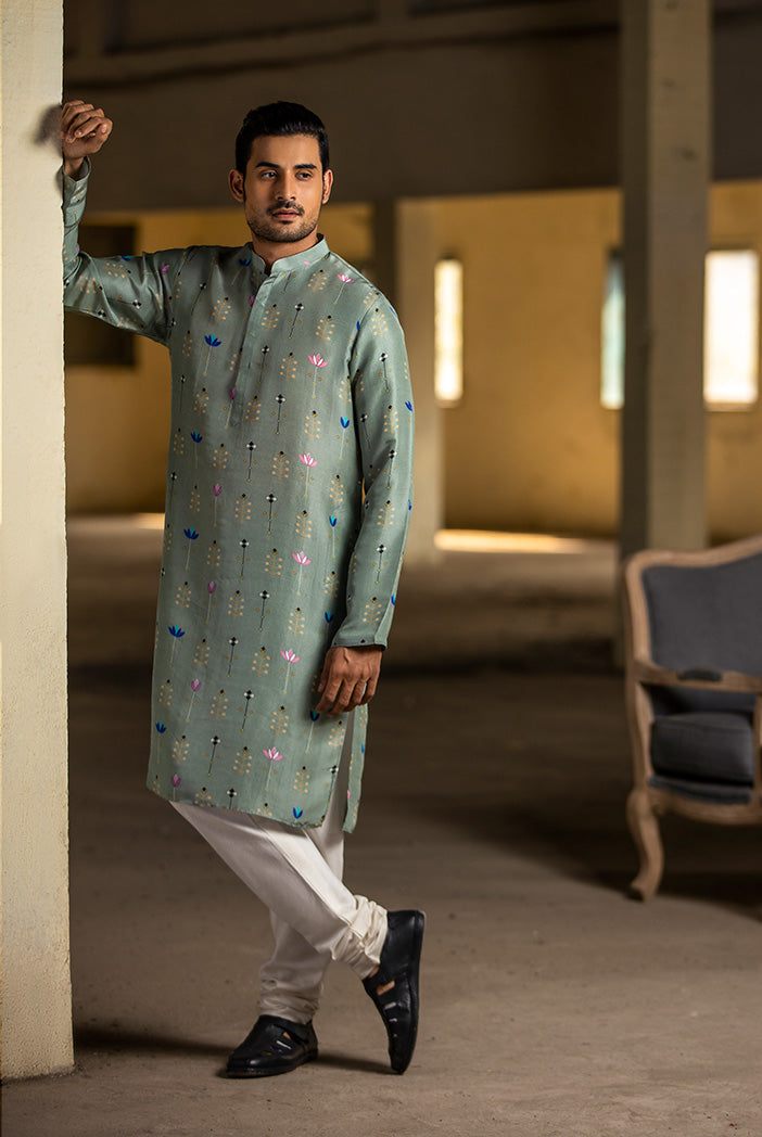 MINT PRINTED SILK KURTA WITH OFF WHITE COTTON SILK CHURIDAR