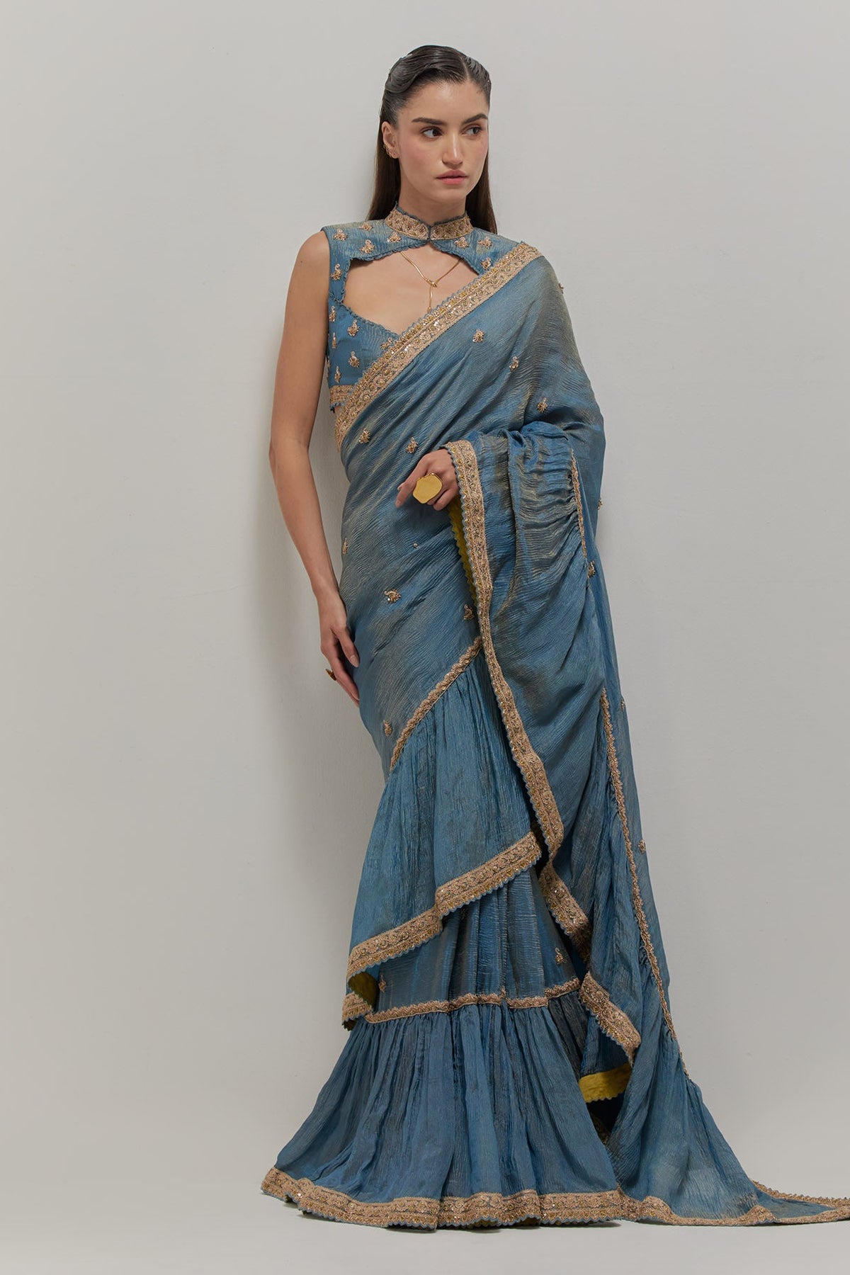 Mist Blue Ruffle Saree Set