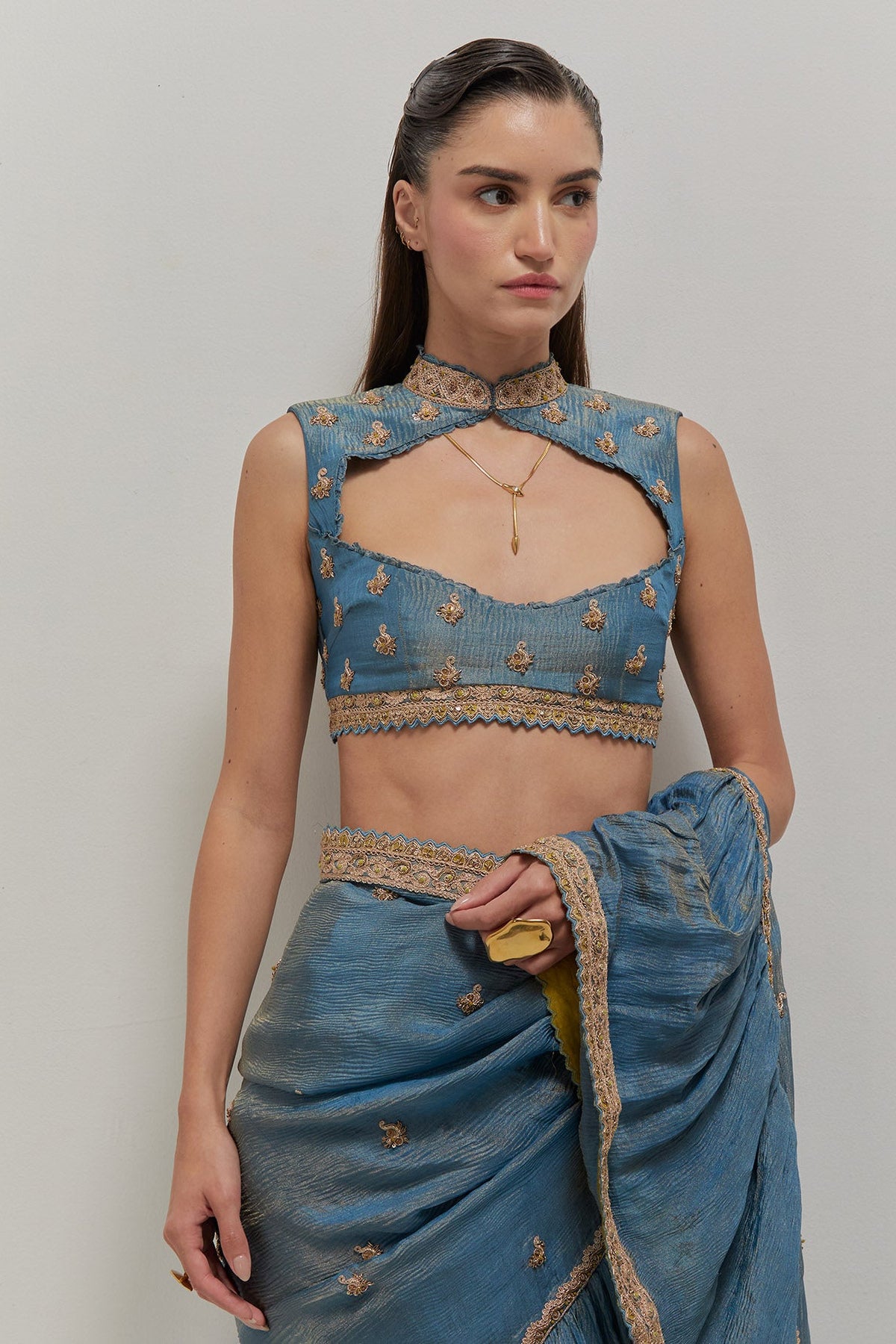 Mist Blue Ruffle Saree Set