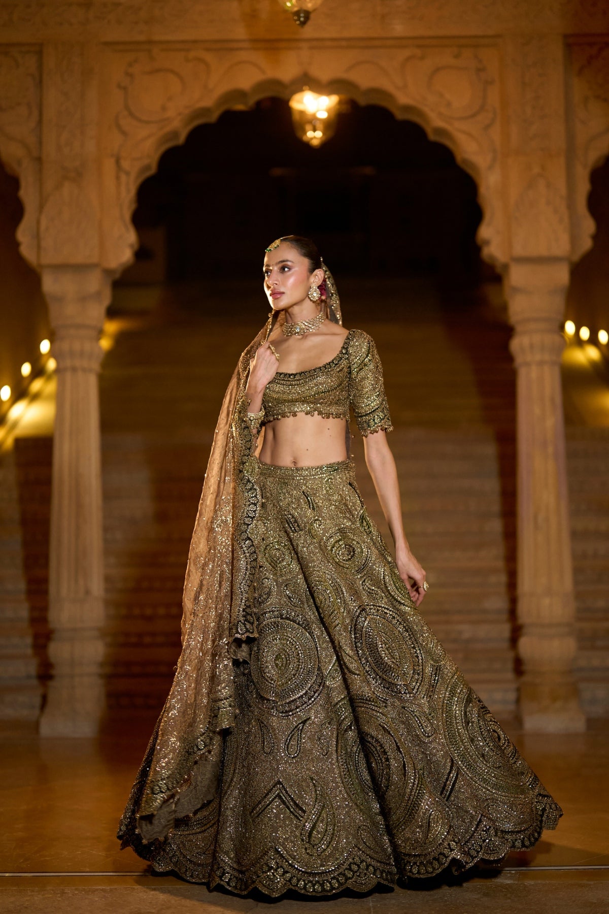 Moss Green Applique Lehenga Set