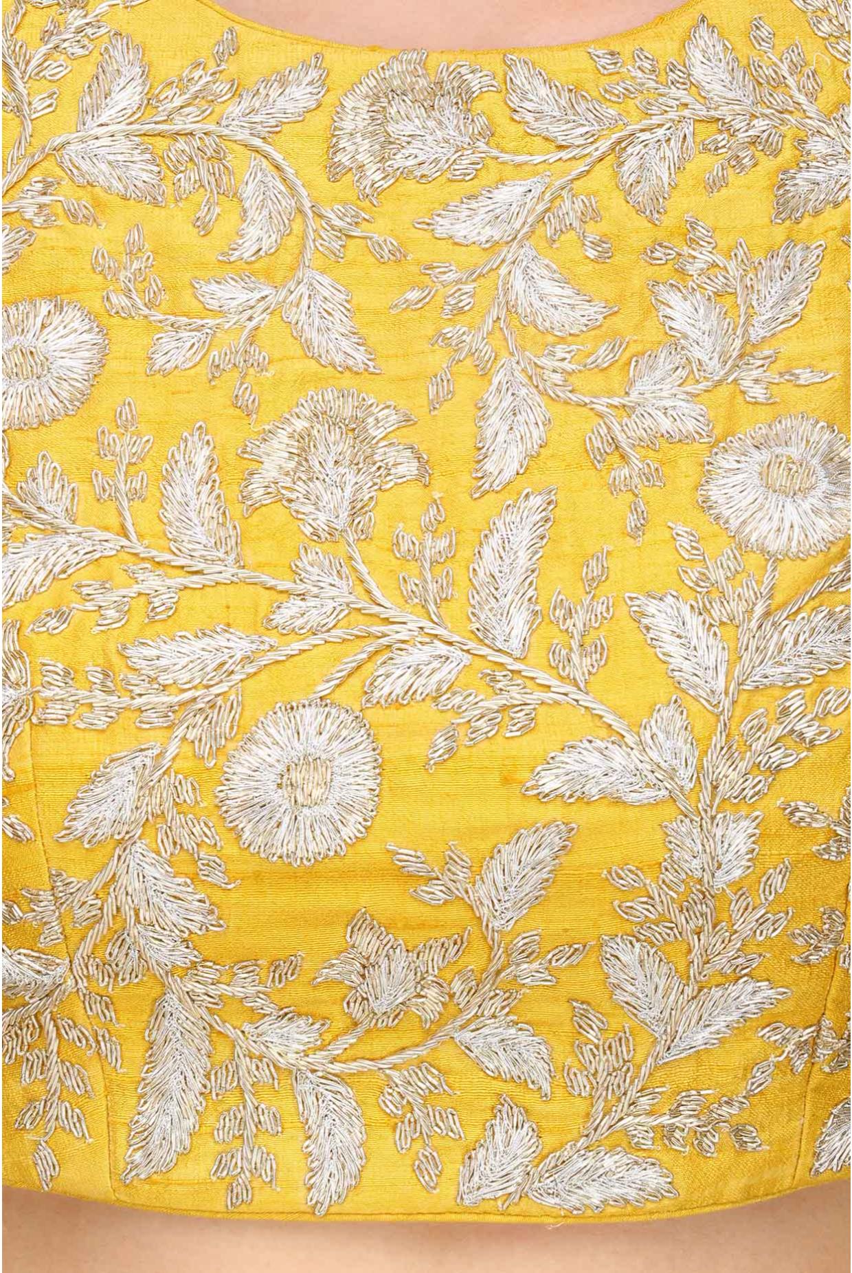 Mustard Yellow Embroidered Choli With Blue Lehenga & Blue Dupatta