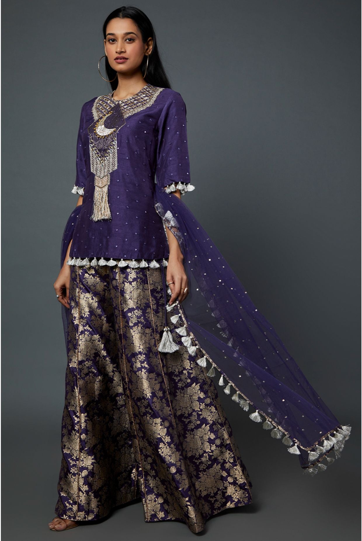 NAVY ABLA SILK EMBROIDERED KURTA AND NAVY BROCADE SHARARA WITH MUKAISH NET DUPATTA