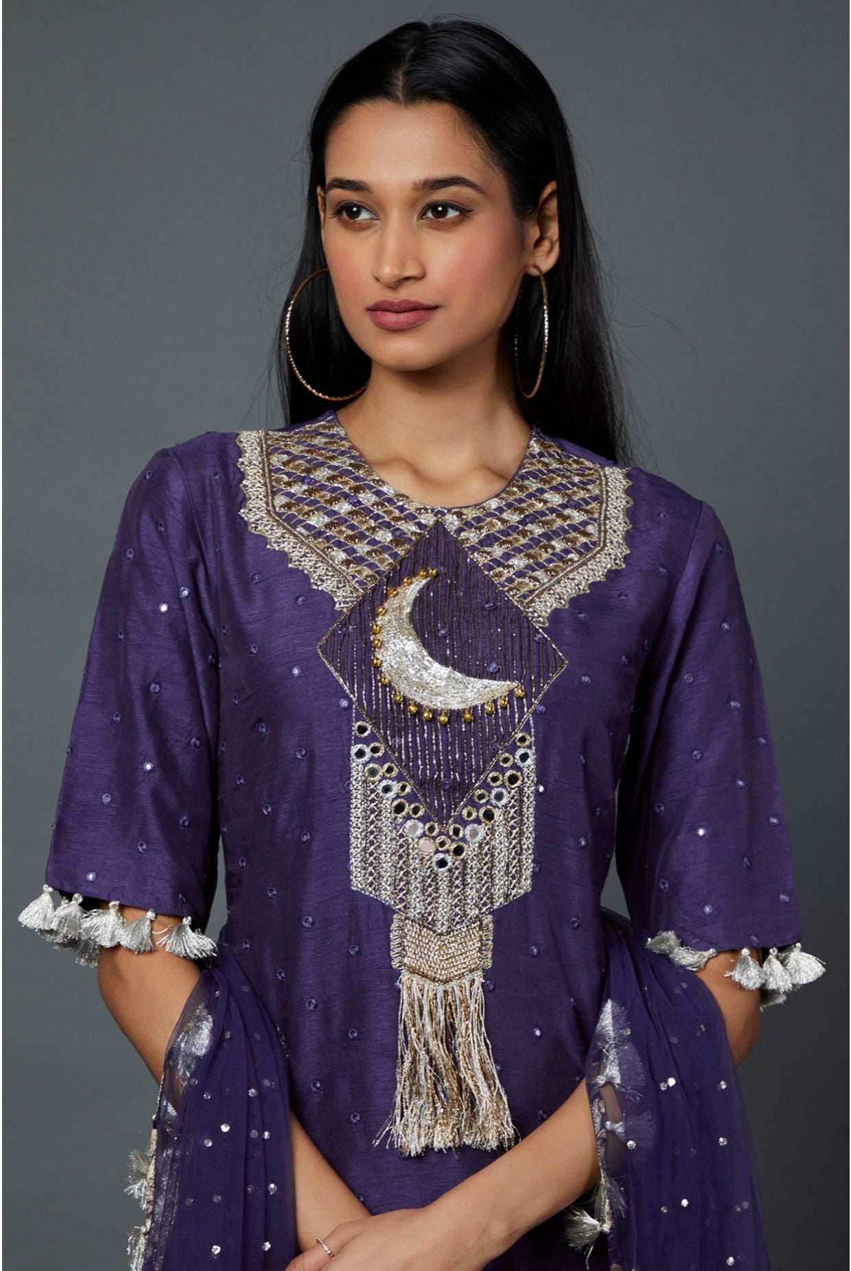NAVY ABLA SILK EMBROIDERED KURTA AND NAVY BROCADE SHARARA WITH MUKAISH NET DUPATTA