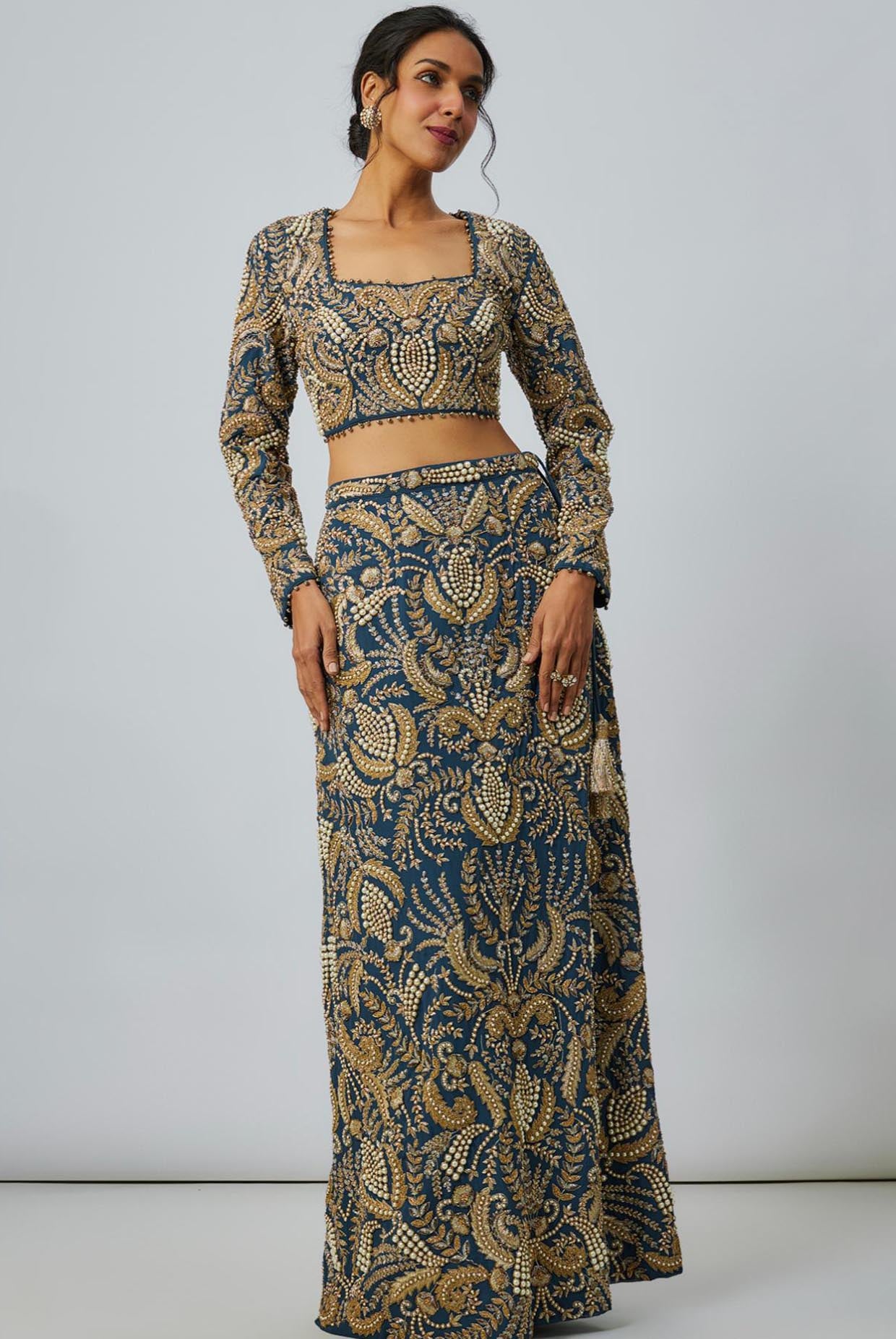 Navy Blue Embroidered Choli With Embroidered Skirt